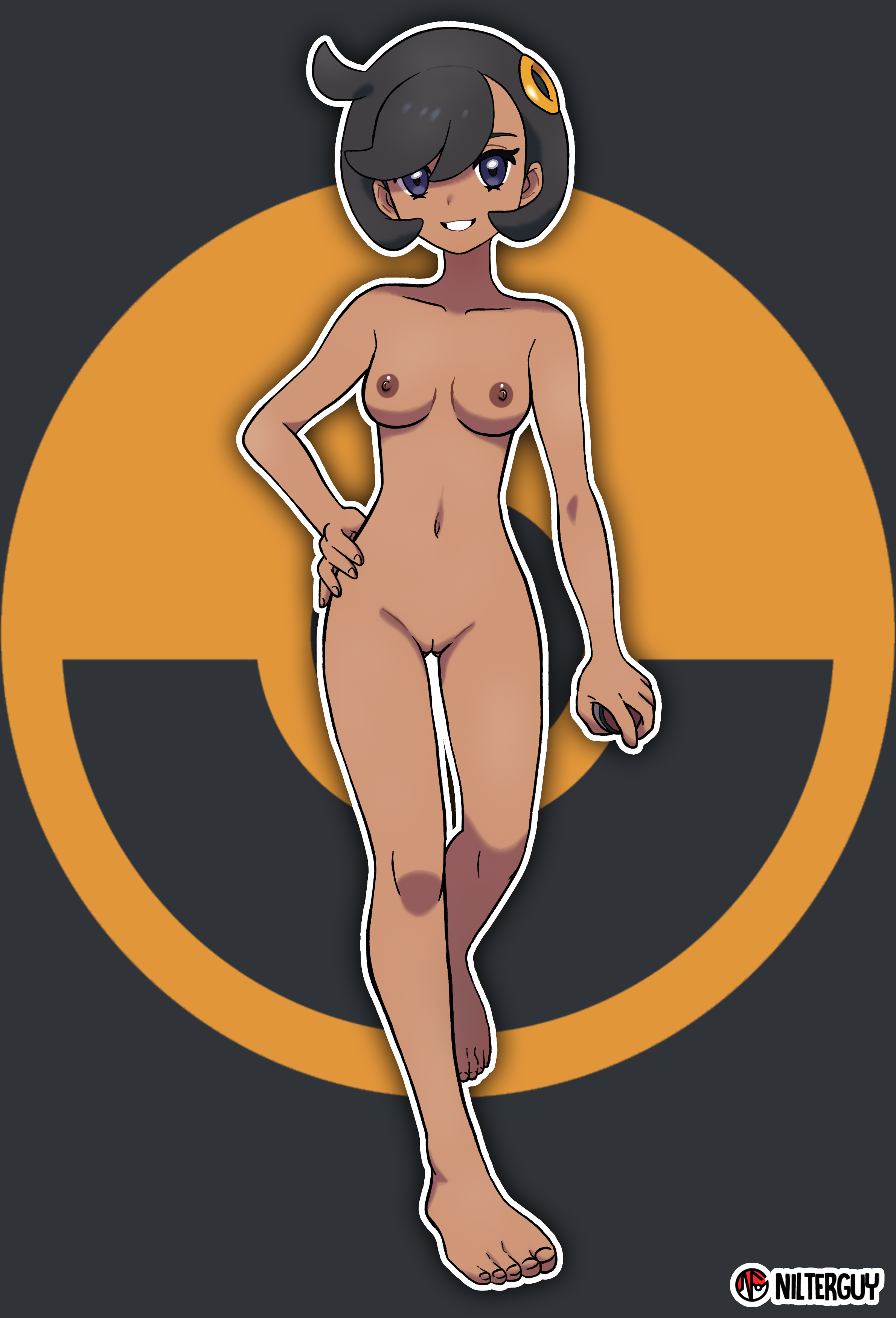 nilterguy, emma (pokemon), nintendo, pokemon, pokemon legends: z-a, absurdres, highres, nude filter, third-party edit, 1girl, ahoge, arm at side, armpit crease, artist name, asymmetrical bangs, barefoot, black hair, breasts, cleft of venus, clenched teeth, collarbone, completely nude, curled fingers, dark-skinned female, dark nipples, dark skin, eyelashes, facing viewer, feet, feet up, female focus, fingernails, full body, hair ornament, hand on own hip, happy, holding, holding poke ball, knees, legs, looking at viewer, medium breasts, navel, neck, nipples, nude, parted lips, poke ball, poke ball symbol, purple eyes, pussy, short hair, sidelocks, smile, swept bangs, teeth, thighs, toenails, toes, unworn clothes, walking