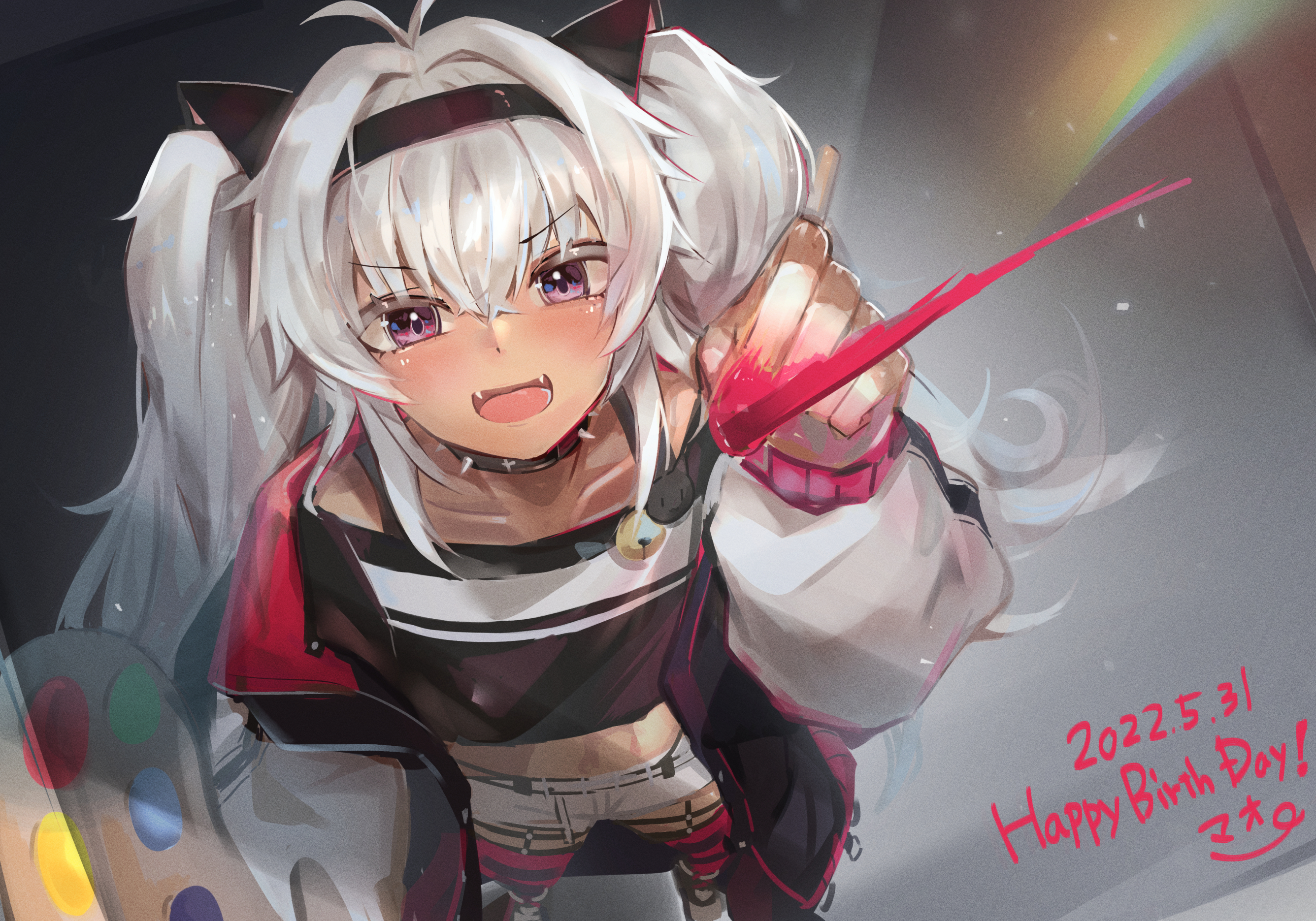 chalos, matsukai mao, matsukai mao (1st costume), nijisanji, commentary request, highres, 1girl, animal ears, antenna hair, black collar, black jacket, black shirt, cat ears, collar, dark-skinned female, dark skin, dated, fake animal ears, happy birthday, holding, holding paint palette, holding paintbrush, jacket, long hair, looking at viewer, open mouth, paint palette, paintbrush, purple eyes, shirt, shorts, smile, solo, spiked collar, spikes, two side up, virtual youtuber, white shorts