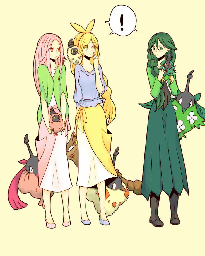 chen (1717), anthea (pokemon), burmy, burmy (plant), burmy (sandy), burmy (trash), cheryl (pokemon), concordia (pokemon), wormadam, wormadam (plant), wormadam (sandy), wormadam (trash), nintendo, pokemon, pokemon bw, pokemon dppt, commentary request, !, 3girls, antenna hair, basket, black boots, blonde hair, blue shirt, boots, braid, color connection, full body, gen 4 pokemon, green eyes, green hair, green jacket, green skirt, hair over shoulder, holding, holding basket, holding polearm, holding weapon, in-franchise crossover, jacket, leaf, long hair, multiple girls, on shoulder, pink eyes, pink hair, pokemon (creature), pokemon on shoulder, polearm, rock, shared speech bubble, shirt, simple background, single braid, skirt, speech bubble, spoken exclamation mark, standing, weapon, white shirt, yellow eyes