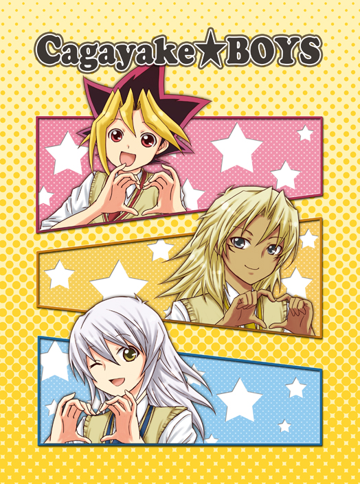 mameko (pianissimo), bakura ryou, marik ishtar, muto yugi, fresh precure!, k-on!, precure, yu-gi-oh!, yu-gi-oh! duel monsters, bad id, bad pixiv id, 3boys, colored bangs, four-finger heart hands, heart, heart hands, male focus, multiple boys, one eye closed, parody, school uniform, trap, wink