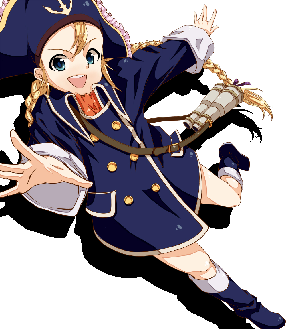 tenguu rio, patty fleur, tales of (series), tales of vesperia, 00s, 1girl, binoculars, blonde hair, blue boots, blue eyes, boots, female focus, hat, knee boots, pirate hat, solo