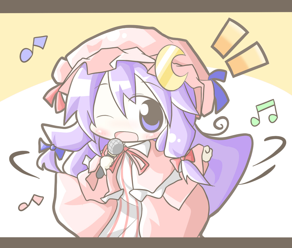 aoblue, patchouli knowledge, touhou, 1girl, ;d, beamed quavers, chibi, dancing, female focus, happy, hat, letterboxed, long hair, microphone, music, musical note, one eye closed, open mouth, purple eyes, purple hair, quaver, ribbon, singing, smile, solo, wink