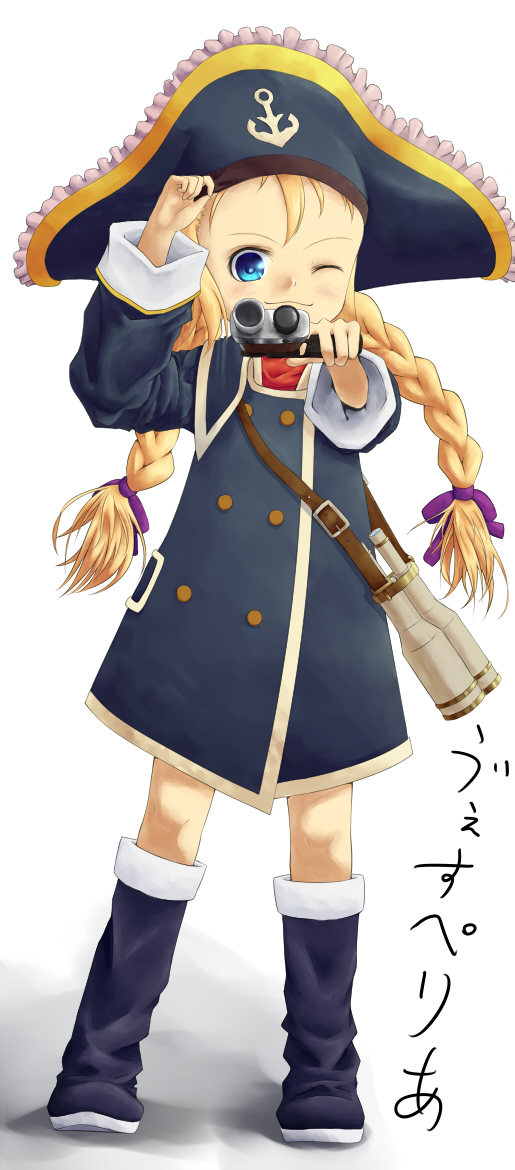 1+1+1, patty fleur, tales of (series), tales of vesperia, bad id, bad pixiv id, long image, tall image, translated, 00s, 1girl, binoculars, blonde hair, blue boots, blue eyes, boots, female focus, hat, knee boots, pirate hat, solo