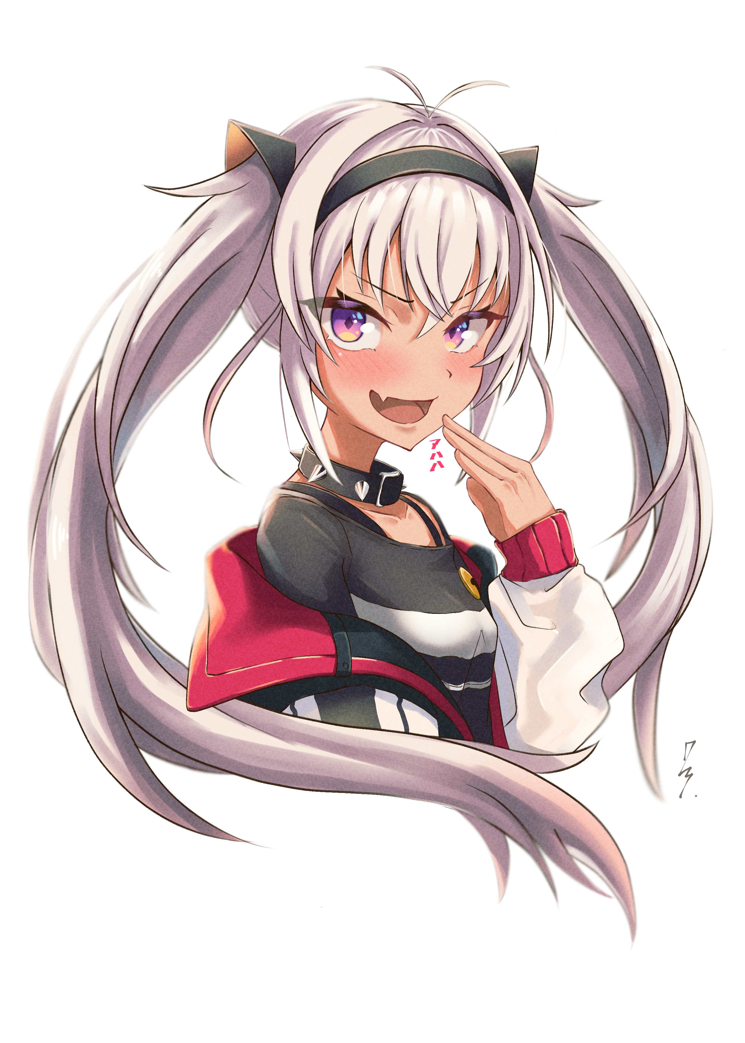 rike9726, matsukai mao, matsukai mao (1st costume), nijisanji, absurdres, highres, 1girl, animal ears, black collar, black headband, black shirt, blush, cat ears, collar, fake animal ears, fang, grey hair, headband, long hair, looking at viewer, purple eyes, shirt, skin fang, solo, spiked collar, spikes, teeth, twintails, upper teeth only, very long hair, virtual youtuber, white background