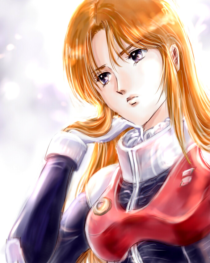 yukki (rffcq251), marida cruz, gundam, gundam unicorn, pilot suit, long hair, orange hair, purple eyes, solo