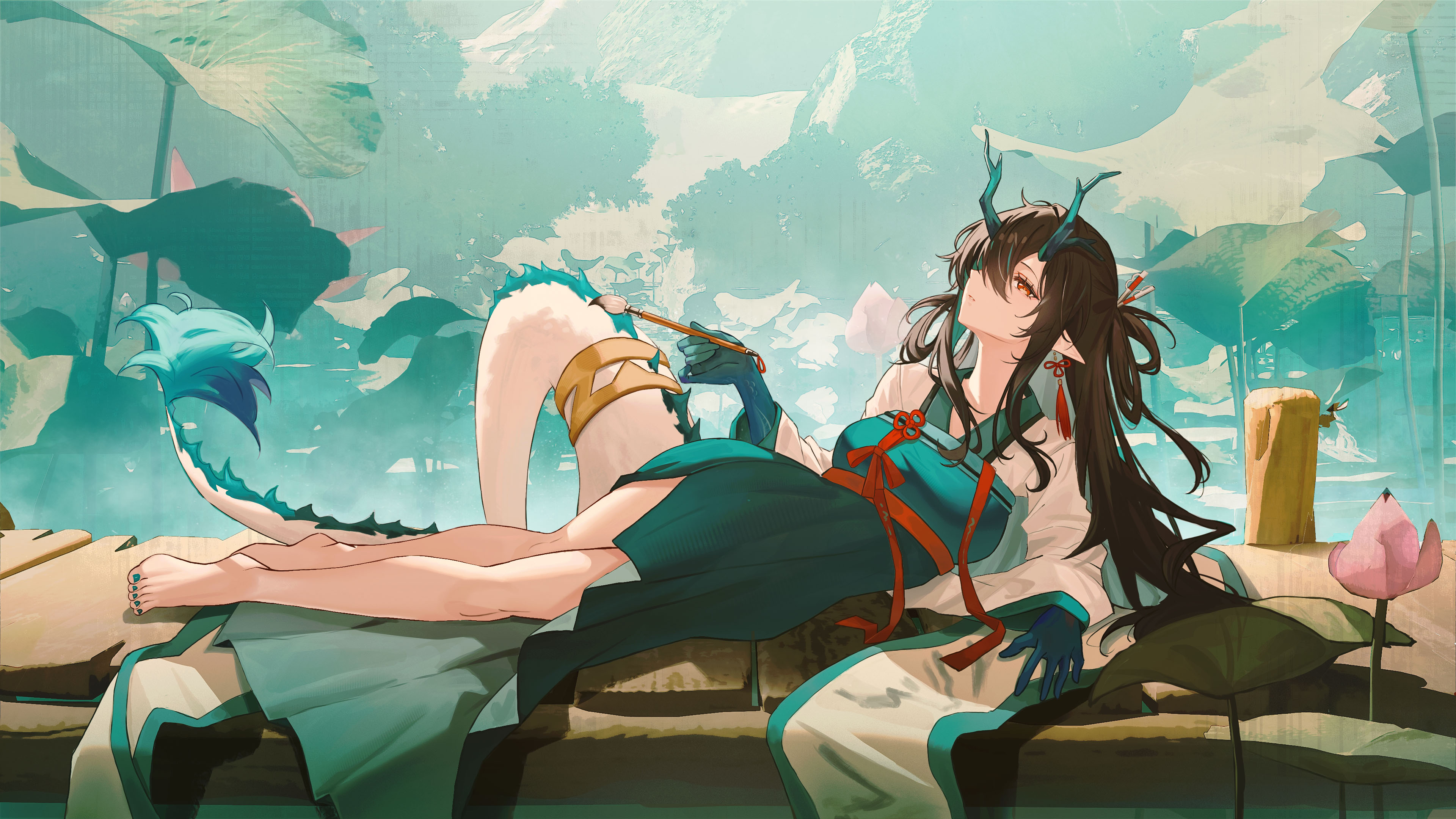 okfin3 (sogoodman4396), dusk (arknights), arknights, absurdres, commentary, english commentary, highres, 1girl, alternate costume, black hair, colored skin, dragon girl, dragon horns, dragon tail, earrings, eastern dragon tail, green hands, green horns, green skin, hair over one eye, horns, jewelry, looking to the side, pointy ears, red eyes, tail, tail ornament, tail ring, tassel, tassel earrings