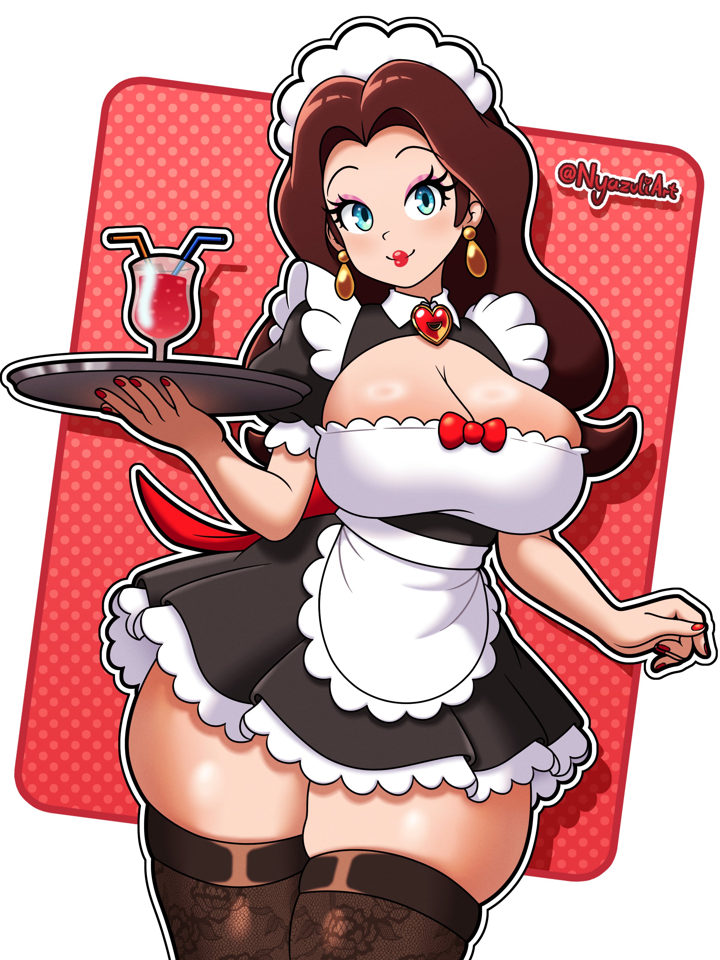 lazuli witch, pauline (mario), mario (series), nintendo, absurdres, commentary, english commentary, highres, 1girl, artist name, black thighhighs, blue eyes, blush, bow, bowtie, breasts, brown hair, cleavage, cleavage cutout, clothing cutout, dress, earrings, eyeshadow, jewelry, large breasts, light blush, long hair, looking at viewer, maid, maid headdress, makeup, red bow, red bowtie, red nails, shiny skin, short sleeves, solo, solo focus, thick thighs, thighhighs, thighs, tray