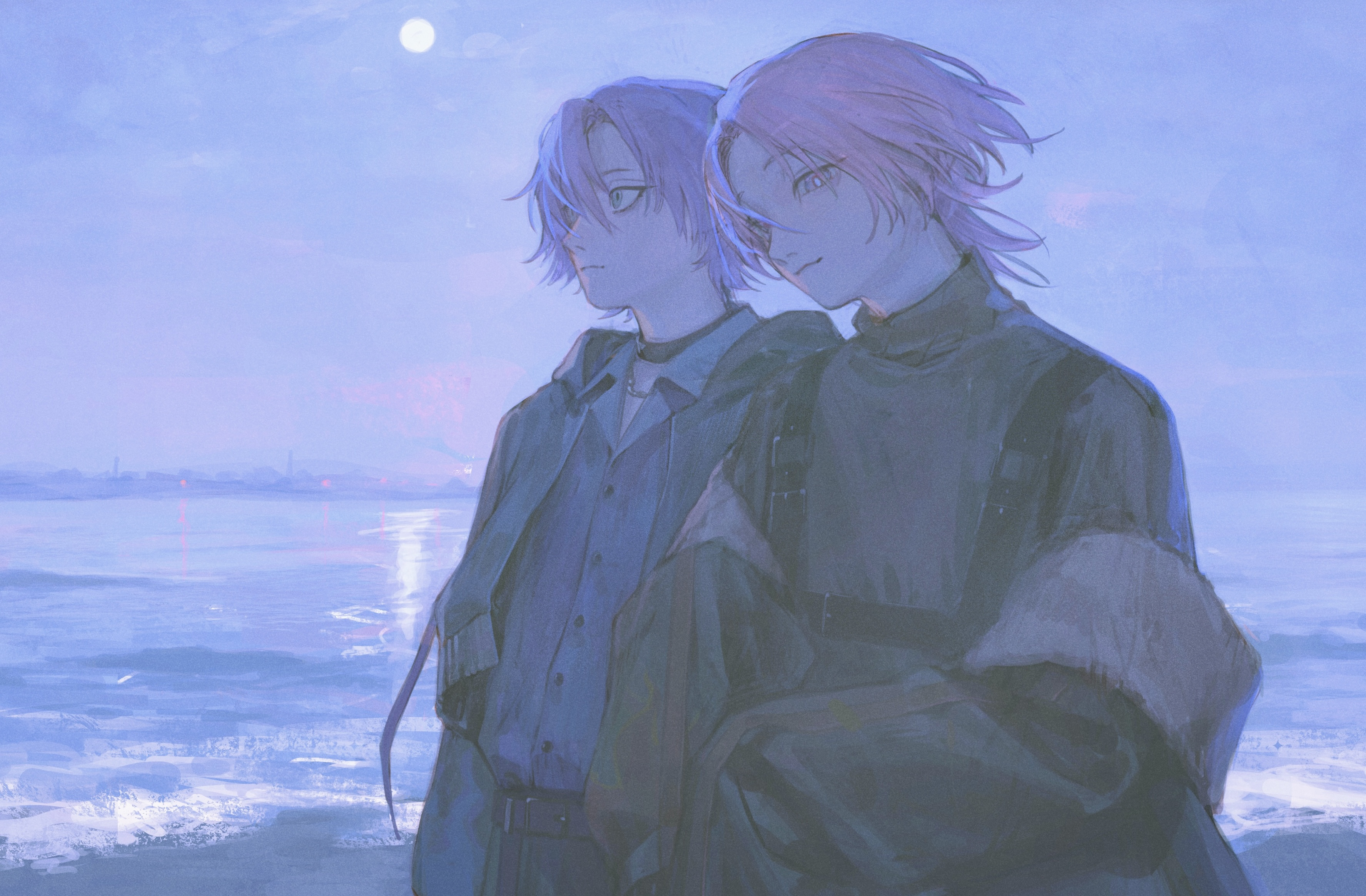 rit3set, original, absurdres, commission, highres, skeb commission, 2boys, beach, belt, chest harness, choker, collared shirt, cropped jacket, dress shirt, expressionless, harness, jacket, jacket partially removed, light smile, looking ahead, looking to the side, male focus, moon, multiple boys, ocean, outdoors, pale color, parted bangs, pink hair, purple eyes, purple theme, reflection, reflective liquid, shirt, shirt tucked in, short hair, upper body, wolf cut