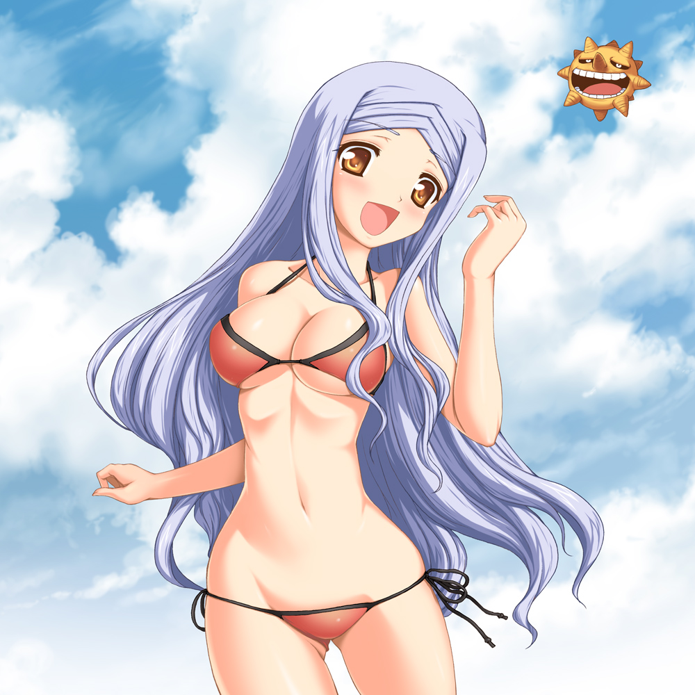 aokihoshi, soma peries, gundam, gundam 00, soul eater, 1girl, bikini, blue hair, breasts, brown eyes, cleavage, cowboy shot, crossover, day, female focus, groin, large breasts, long hair, lowleg, lowleg bikini, narrow waist, navel, open mouth, orange bikini, parody, side-tie bikini bottom, smile, solo, sun, swimsuit, very long hair