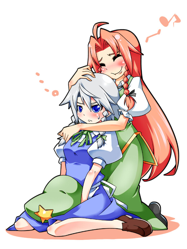ekus (xo ekus), shuushokuna ekus, hong meiling, izayoi sakuya, embodiment of scarlet devil, touhou, silver hair, 2girls, blue eyes, blush, braid, china dress, chinese clothes, dress, female focus, hat, hug, hug from behind, long hair, maid, multiple girls, nuzzle, red eyes, red hair, short hair, twin braids