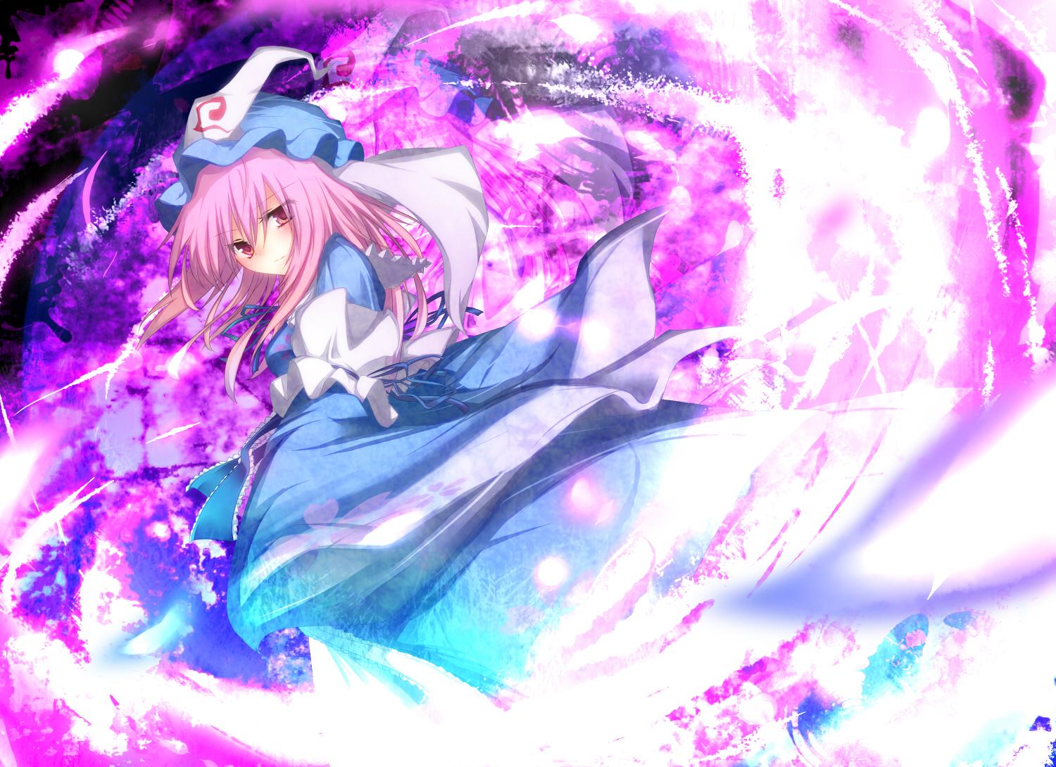 haruto28, saigyouji yuyuko, touhou, bad id, bad pixiv id, 1girl, dress, female focus, hat, japanese clothes, kimono, pink eyes, pink hair, short hair, solo