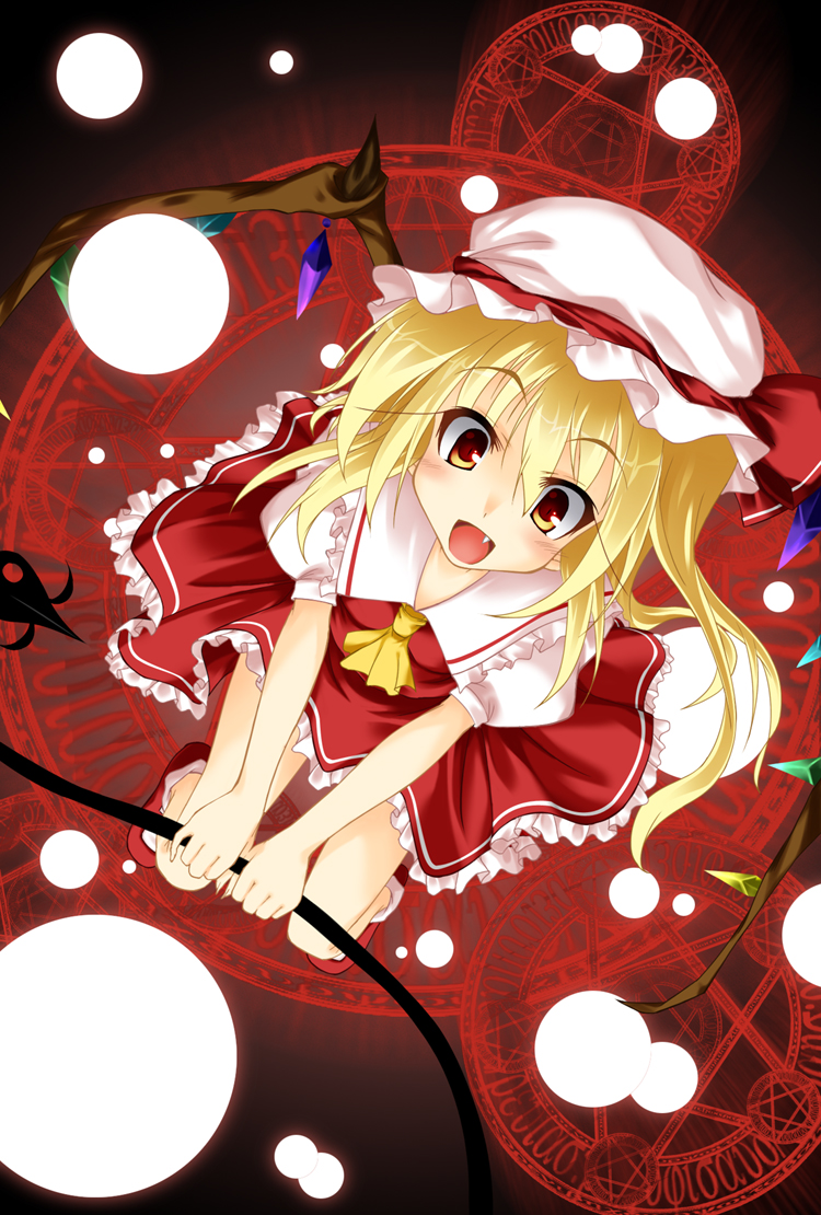 fuyuno taka, flandre scarlet, touhou, bad id, bad pixiv id, 1girl, blonde hair, fang, female focus, hat, magic circle, one side up, pentagram, ponytail, red eyes, red theme, short hair, side ponytail, solo, wings