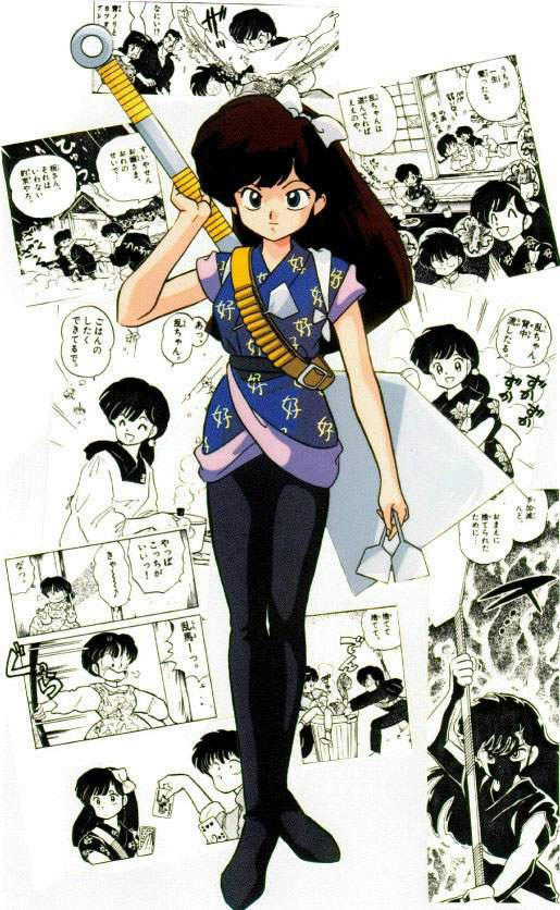 kuonji ukyou, ranma 1/2, official art, 1girl, bow, brown hair, full body, hair bow, long hair, oversized object, pantyhose, smile, solo focus, spatula, standing, weapon, weapon on back