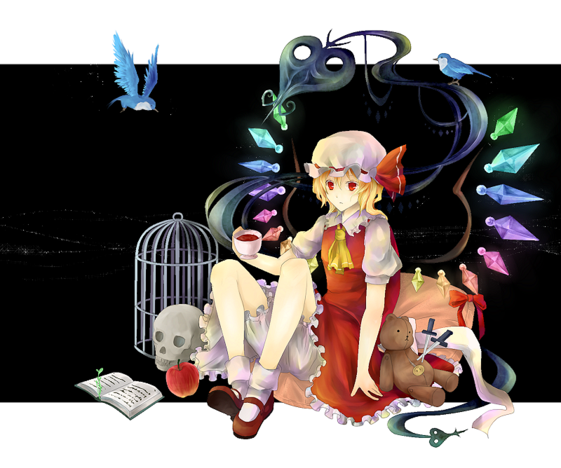 vitaminlemon, flandre scarlet, touhou, bad id, bad pixiv id, 1girl, bird, blonde hair, book, cage, female focus, hat, knife, one side up, ponytail, red eyes, short hair, side ponytail, solo, stuffed animal, stuffed toy, teddy bear, wings