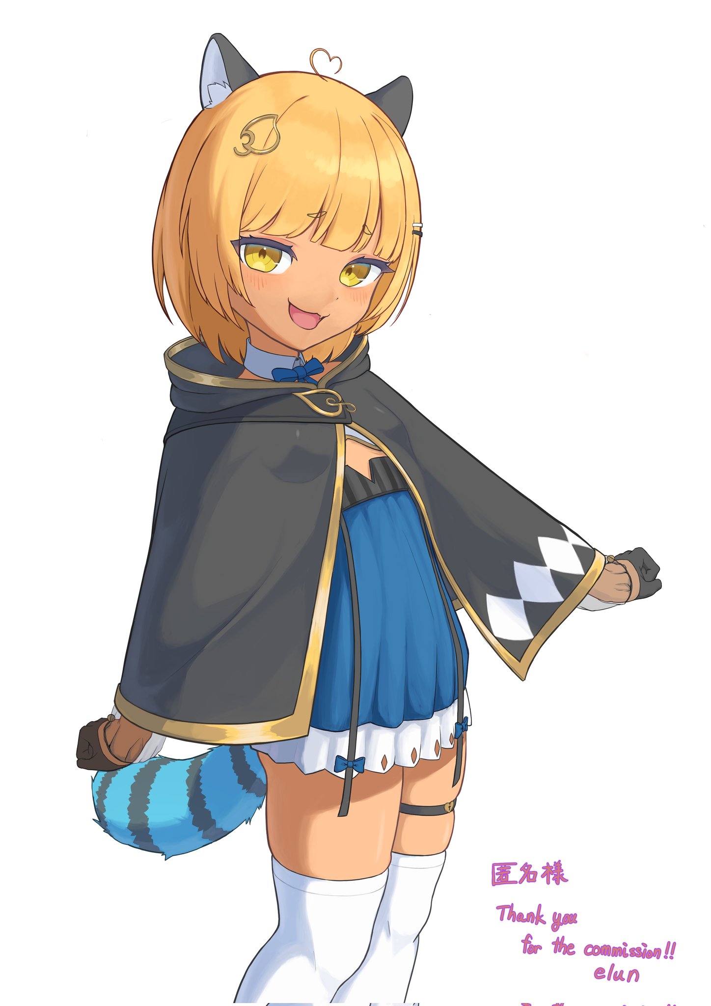 elun (llelunlun), poko rakun, poko rakun (1st costume), chromashift, commentary, commission, corrupted twitter file, english commentary, highres, second-party source, 1girl, ahoge, alternate hair color, animal ear fluff, animal ears, black cloak, black gloves, blonde hair, blue bow, blue dress, blush, bow, cloak, cowboy shot, dark-skinned female, dark skin, detached collar, dress, eyelashes, fang, gloves, gyaru, hair ornament, hairclip, heart, heart ahoge, hood, hood down, hooded cloak, leaf hair ornament, long sleeves, open mouth, raccoon ears, raccoon girl, raccoon tail, short hair, simple background, skin fang, smile, solo, tail, tan, thighhighs, virtual youtuber, white background, white thighhighs, yellow eyes, zettai ryouiki