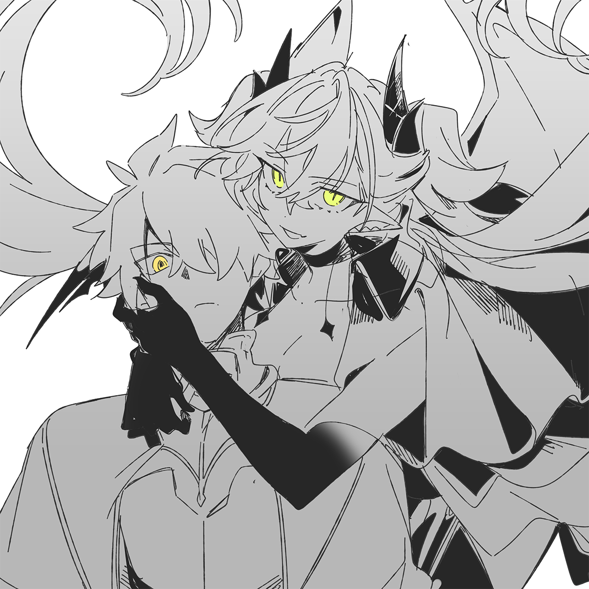 agata720, galahad (fate), lilith (fate), fate/grand order, fate (series), highres, 1boy, 1girl, armor, capelet, choker, demon girl, demon horns, expressionless, green eyes, hair over one eye, hand on another's face, horns, knight, long hair, looking at viewer, one eye covered, partially colored, pointy ears, short hair, simple background, smile, twintails, yellow eyes