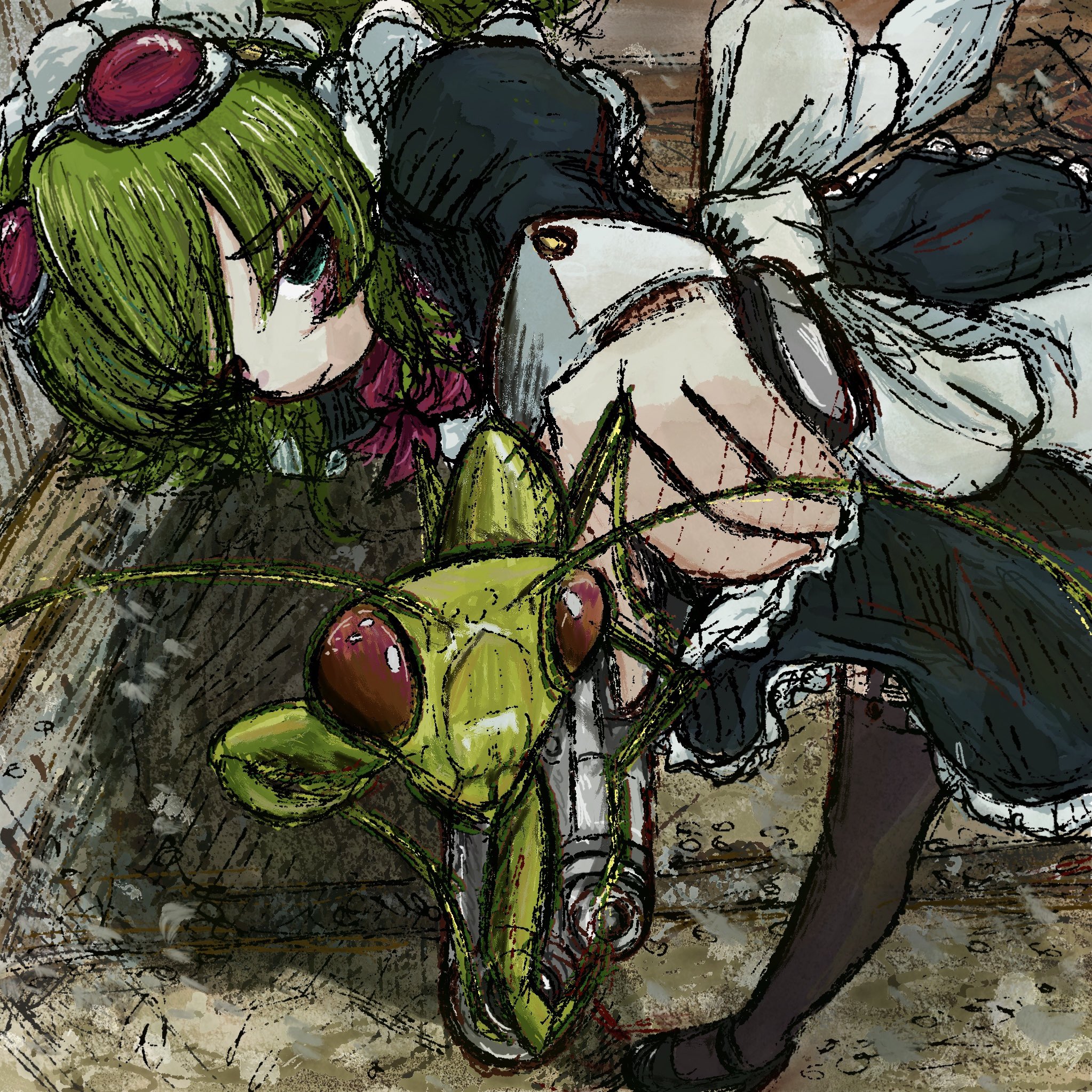 bubbacterial, original, highres, 1girl, apron, bow, bug, goggles, goggles on head, green eyes, green hair, gun, handgun, holding, holding gun, holding weapon, loafers, maid, maid apron, maid headdress, praying mantis, red bow, red goggles, shoes, solo, thighhighs, tight clothes, weapon