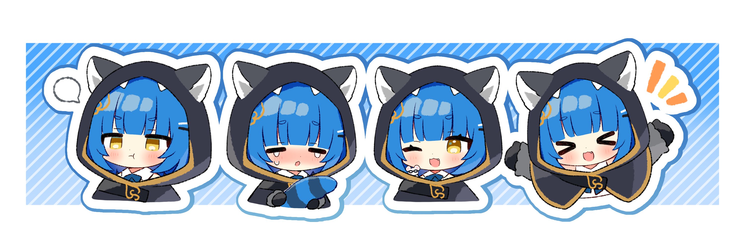 yuyuzu, poko rakun, poko rakun (1st costume), chromashift, commentary, english commentary, highres, second-party source, > <, 1girl, :t, = =, animal, animal ears, animal in clothes, arms up, black gloves, blank speech bubble, blue hair, blue outline, blunt bangs, blush, border, chibi, chibi only, closed eyes, closed mouth, crying, diagonal-striped background, eyelashes, fang, gloves, hair ornament, hairclip, holding own tail, hood, hood up, long sleeves, mouse (animal), multiple expressions, multiple views, nose blush, notice lines, open mouth, outline, pout, raccoon ears, raccoon girl, smile, speech bubble, striped background, tail, tears, virtual youtuber, white border, white outline, yellow eyes