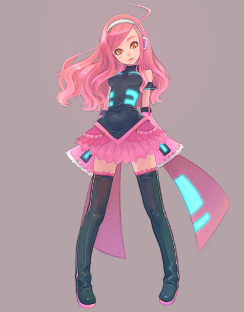 weno, sakuwatari chiyo, original, utau, 1girl, ahoge, boots, female focus, legs, long hair, neon trim, pink hair, simple background, soilo, solo, thigh boots, thighhighs, zettai ryouiki