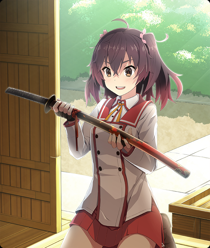 asakura mihono, toji no miko, toji no miko: kizamishi issen no tomoshibi, game cg, official art, third-party source, :d, ahoge, black gloves, brown eyes, brown hair, brown shoes, bush, buttons, day, dot nose, double-breasted, double-parted bangs, fingerless gloves, gloves, holding, holding sword, holding weapon, katana, long sleeves, medium hair, minoseki gakuin uniform, open mouth, red sailor collar, red skirt, sailor collar, seiza, sheath, sheathed, shirt, shoes, sitting, skirt, smile, sunlight, sword, teeth, two side up, upper teeth only, weapon, white shirt, wooden floor