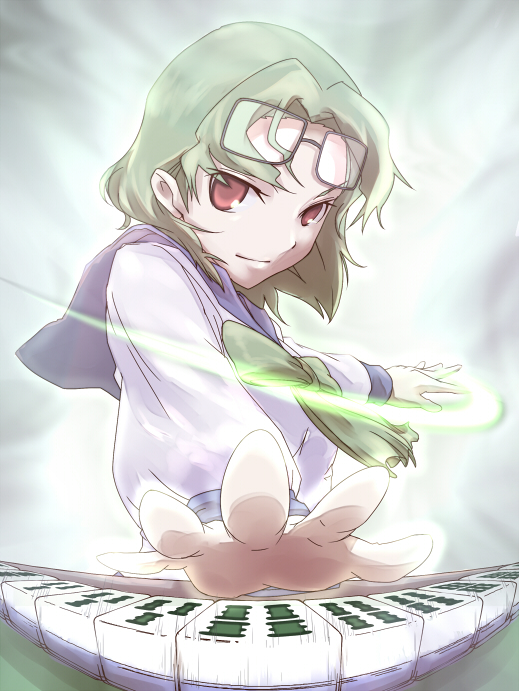 nama (namaiki), someya mako, saki (manga), 00s, 1girl, board game, female focus, glasses, green hair, mahjong, playing games, red eyes, ribbon, school uniform, serafuku, short hair, smile, solo