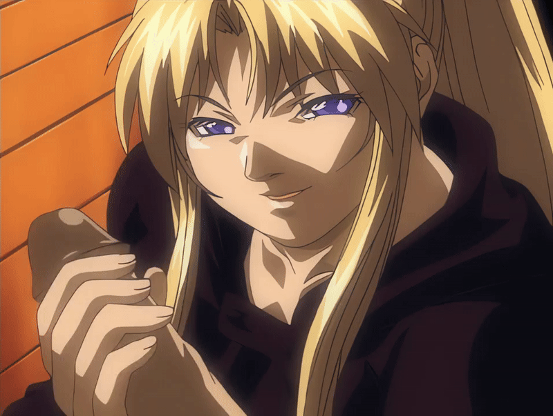 saeki kaori, bible black, bible black night of the walpulgiss, animated, animated gif, tagme, 00s, 1boy, 1girl, 2002, blonde hair, handjob, hetero, high ponytail, large penis, long hair, penis, penis grab, ponytail, purple eyes, robe, smirk, uncensored