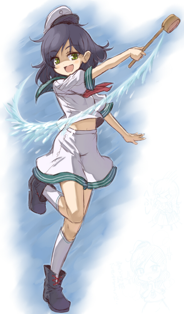 kingin, hijiri byakuren, murasa minamitsu, touhou, 1girl, :d, black hair, boots, female focus, full body, green eyes, hat, hishaku, kneehighs, ladle, midriff, open mouth, sailor, sailor collar, sailor hat, short hair, smile, socks, solo, standing, standing on one leg, when you see it, white socks