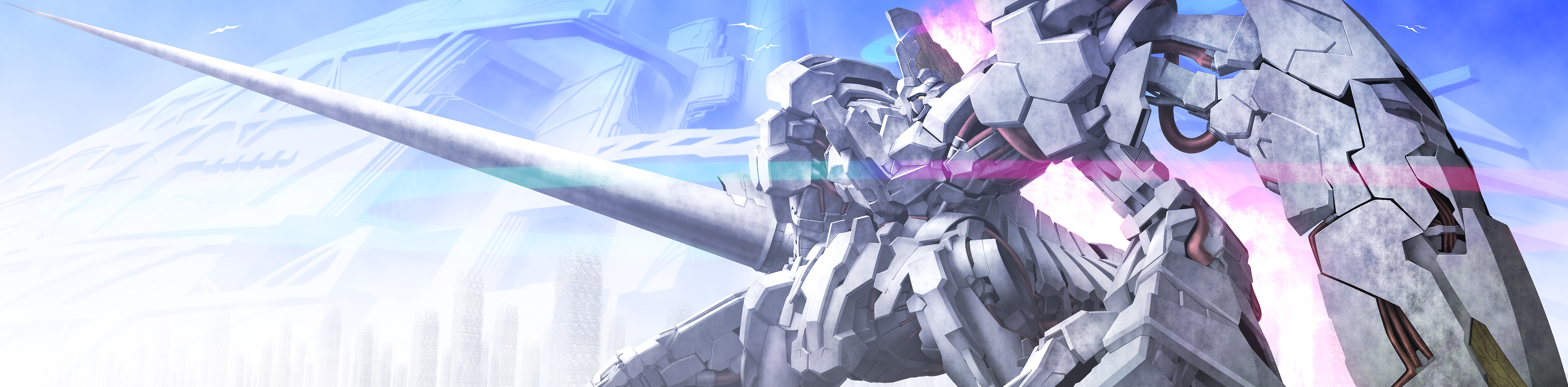tro (trombe), absurdres, highres, long image, wide image, bird, mecha, robot, sword, weapon