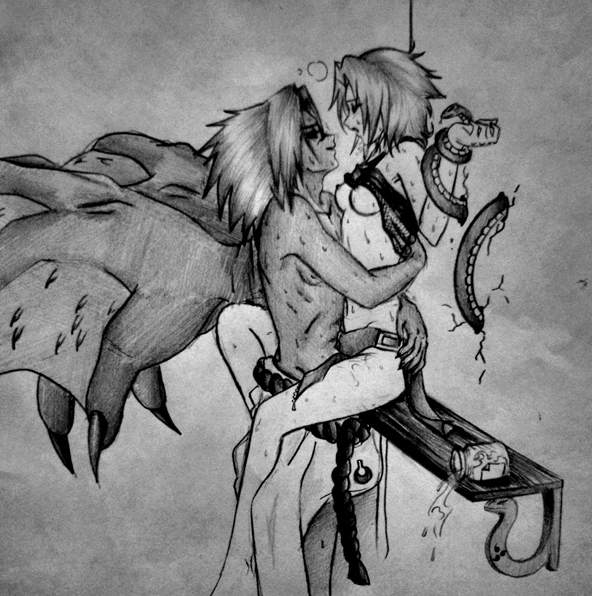 haruno sakura, uchiha sasuke, naruto (classic), naruto (series), artist request, 1girl, bottomless, curse seal, monochrome, nude, sex, snake, vaginal