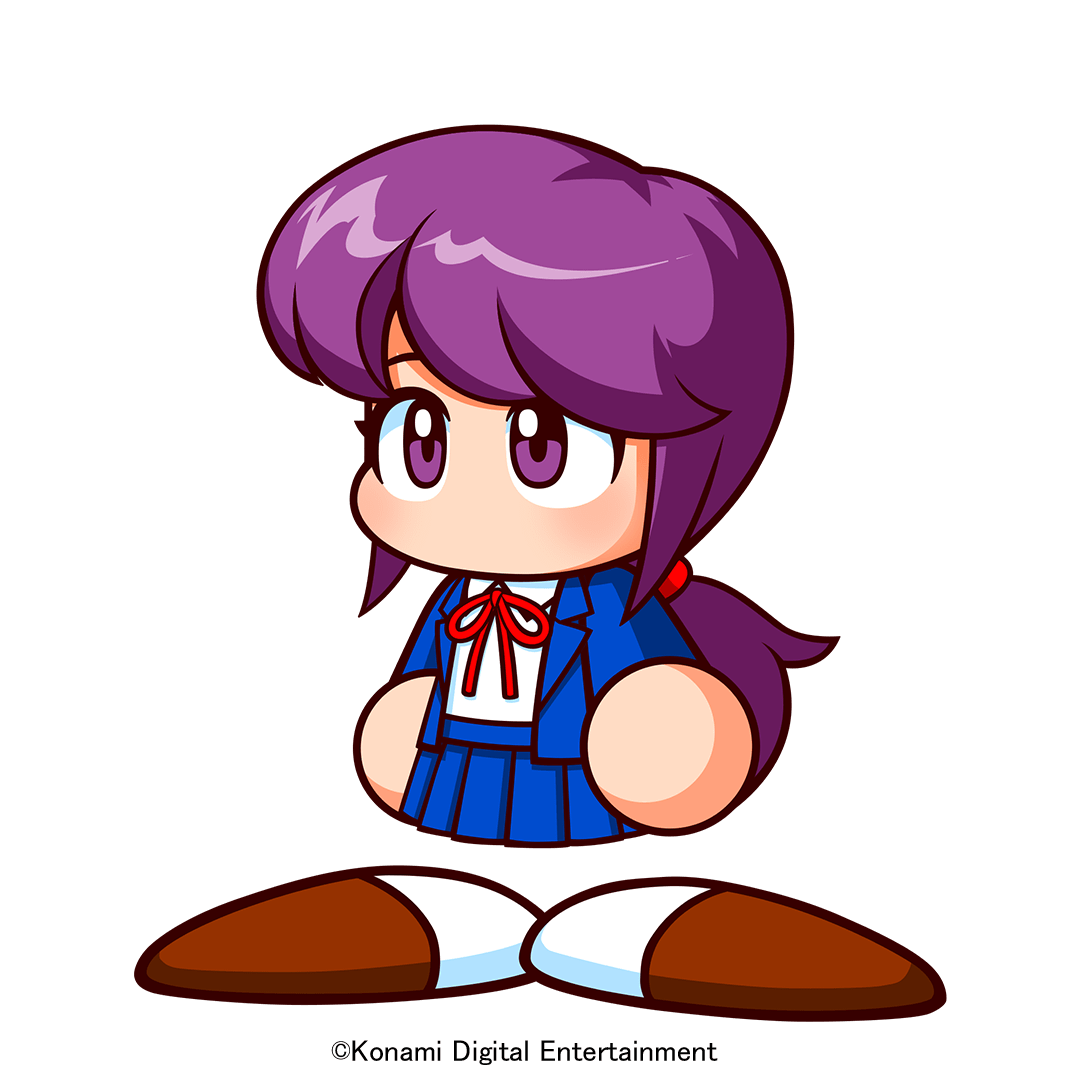 shindou asuka (power pocket), jikkyou powerful pro yakyuu, power pro kun pocket, power pro kun pocket 1, power pro kun pocket r, artist request, official art, 1girl, blazer, blue jacket, blue skirt, brown shoes, copyright notice, jacket, jikkyou powerful pro yakyuu (style), long hair, low ponytail, multicolored shoes, neck ribbon, no mouth, open clothes, open jacket, pleated skirt, ponytail, purple eyes, purple hair, rayman limbs, red ribbon, ribbon, school uniform, shirt, shoes, skirt, solo, transparent background, two-tone shoes, white shirt, white shoes