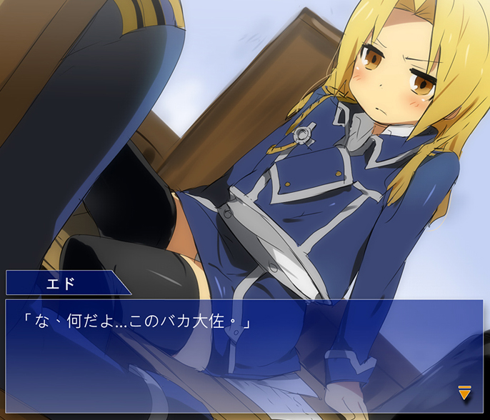 kl (dgzonbi), edward elric, roy mustang, fullmetal alchemist, translated, 00s, 2boys, blonde hair, blush, crossdressing, crossdressing (mtf), fake screenshot, male focus, military, military uniform, multiple boys, pencil skirt, skirt, thighhighs, trap, tsundere, visual novel, yellow eyes, zettai ryouiki