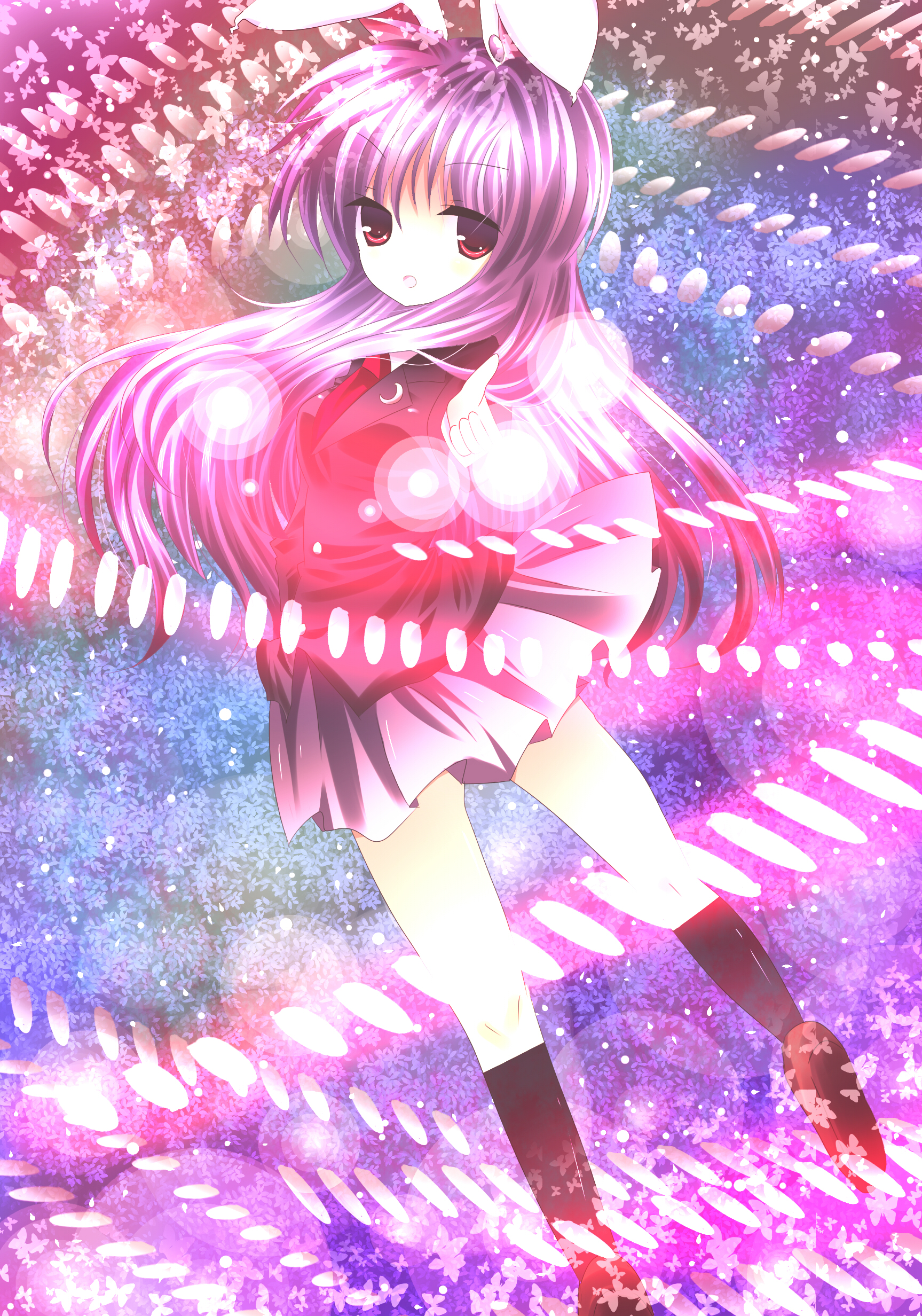 sakura (1120sakura), reisen udongein inaba, touhou, absurdres, bad id, bad pixiv id, highres, 1girl, animal ears, blazer, danmaku, female focus, jacket, long hair, necktie, purple hair, rabbit ears, red eyes, skirt, solo