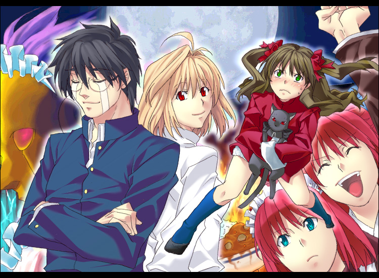uchida shiki, arcueid brunestud, arima miyako, hisui (tsukihime), kohaku (tsukihime), len (cat) (tsukihime), len (tsukihime), tohno shiki, melty blood, tsukihime, bad id, bad pixiv id, 00s, 1boy, 5girls, black hair, blonde hair, blue eyes, blush, brown hair, cat, curry, food, full moon, glasses, green eyes, maid, maid headdress, moon, multiple girls, red eyes, red hair, ribbon, school uniform, siblings, sisters, smile, tears, twins
