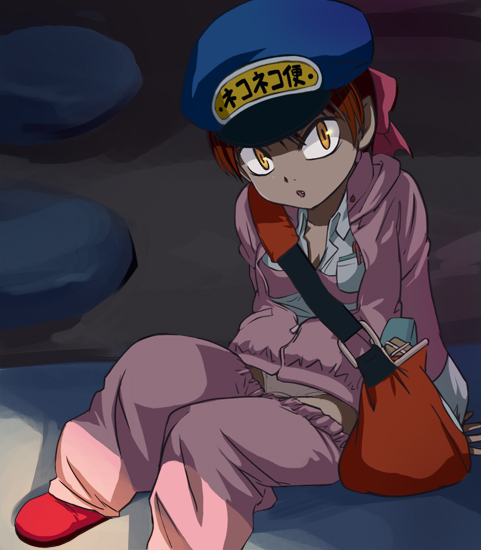 haruyama kazunori, nekomusume, gegege no kitarou, toei company, 1girl, accidental exposure, bow, clothes pull, delivery, female focus, hair bow, loli, orange eyes, panties, pants, pants pull, red hair, slit pupils, solo, underwear, wardrobe malfunction