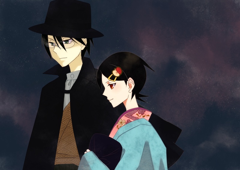 ukon, fuura kafuka, itoshiki nozomu, sayonara zetsubou sensei, 00s, black hair, glasses, hair ornament, hairclip, hat, japanese clothes, red eyes, short hair, top hat