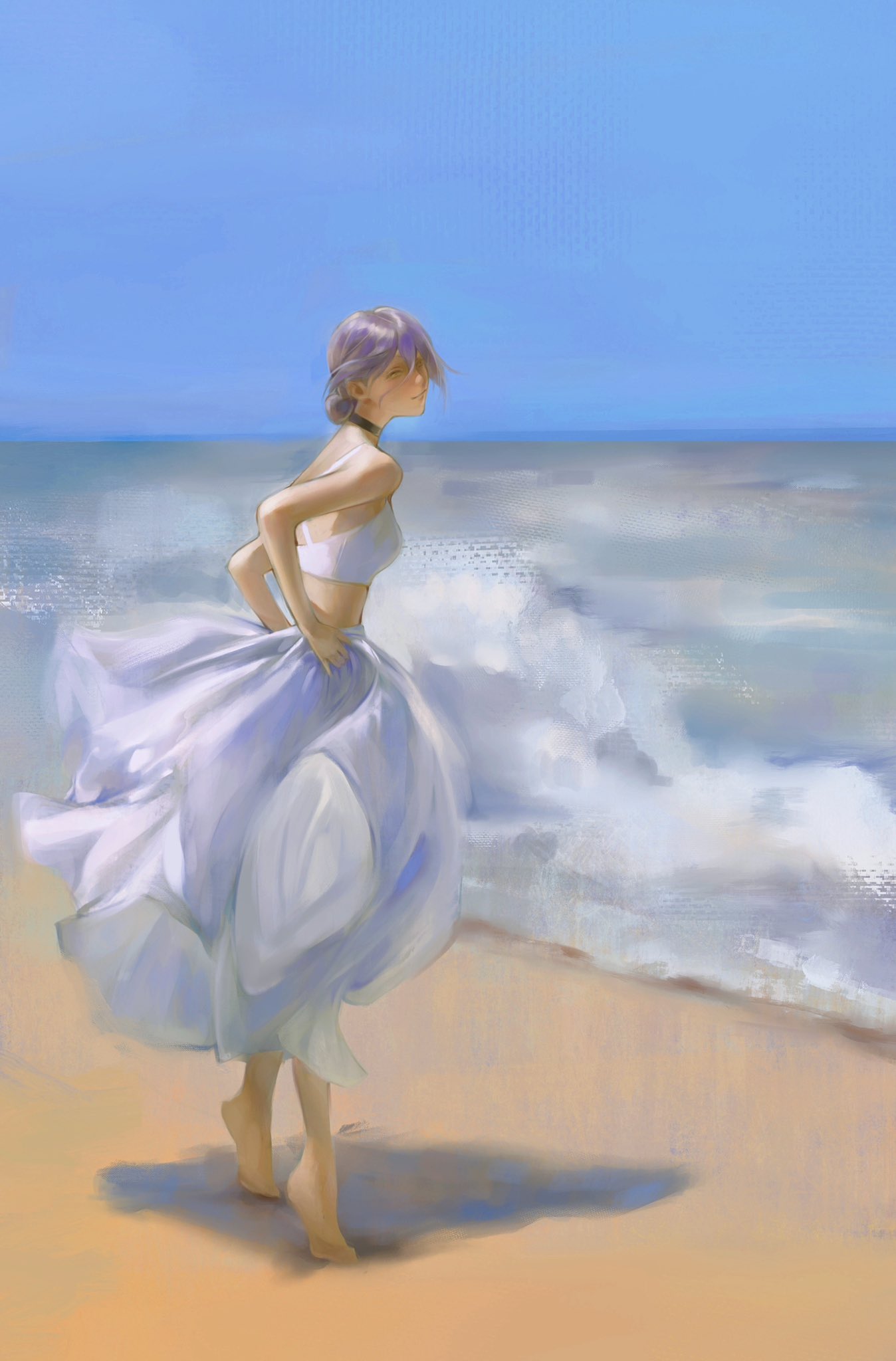eulbhitomi, reze (chainsaw man), chainsaw man, hashtag-only commentary, highres, 1girl, barefoot, beach, blue sky, canvas texture, choker, closed mouth, faux traditional media, full body, looking at viewer, midriff, ocean, outdoors, purple hair, shirt, shore, short hair, skirt, sky, solo, tiptoes, white shirt, white skirt, wide shot