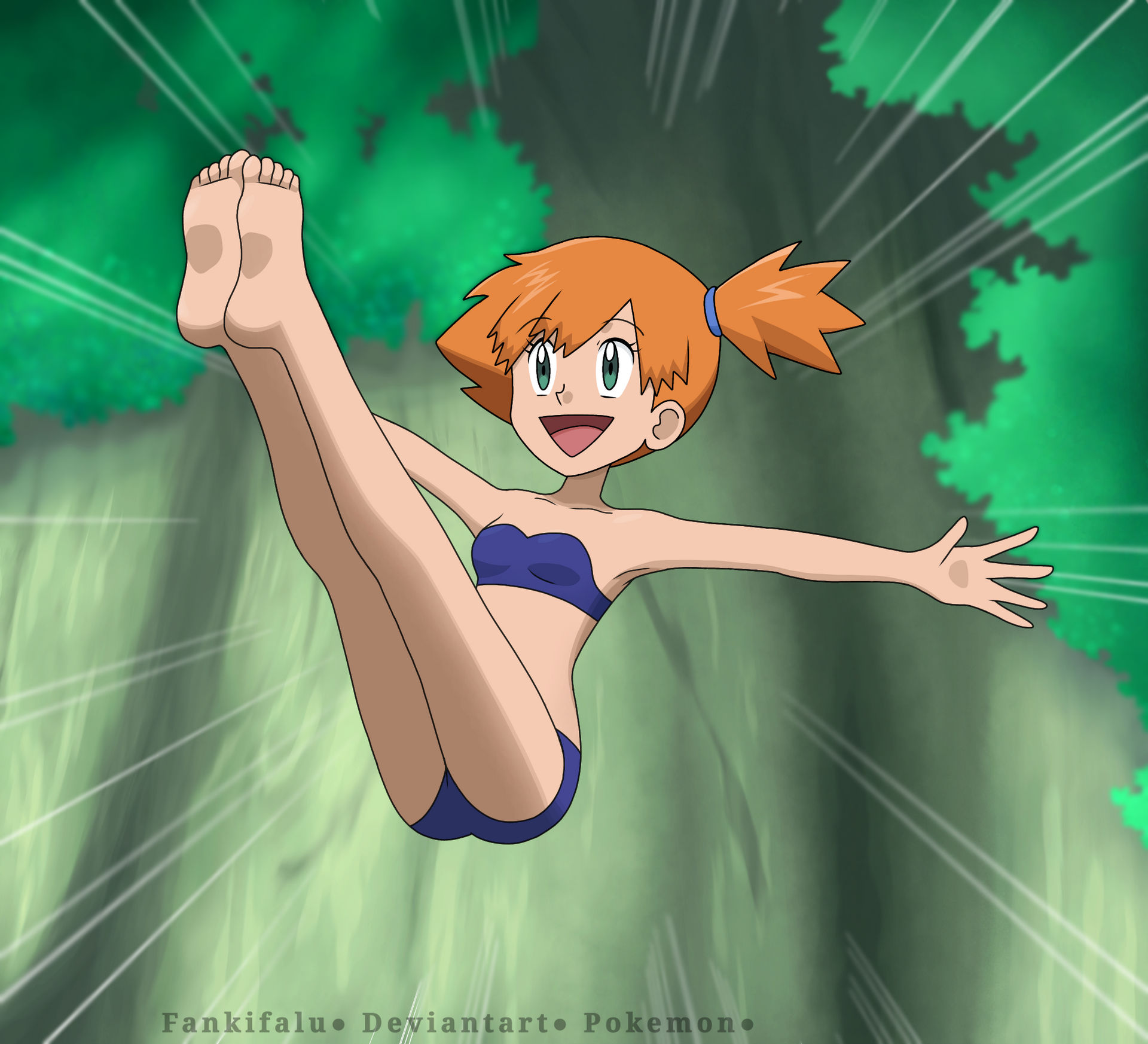 fankifalu, misty (pokemon), nintendo, pokemon, pokemon (anime), pokemon sm (anime), highres, 1girl, ahoge, armpits, artist name, ass, barefoot, bikini, blue bikini, collarbone, day, emphasis lines, eyelashes, feet, female focus, full body, green eyes, gym leader, hair ornament, happy, jumping, kneepits, legs, legs together, legs up, looking up, medium hair, midriff, nature, navel, neck, official alternate costume, open hand, open mouth, orange hair, outdoors, outstretched arms, scene reference, side ponytail, sidelocks, smile, soles, spiked hair, stomach, strapless, strapless bikini, summer, swimsuit, toes, tomboy