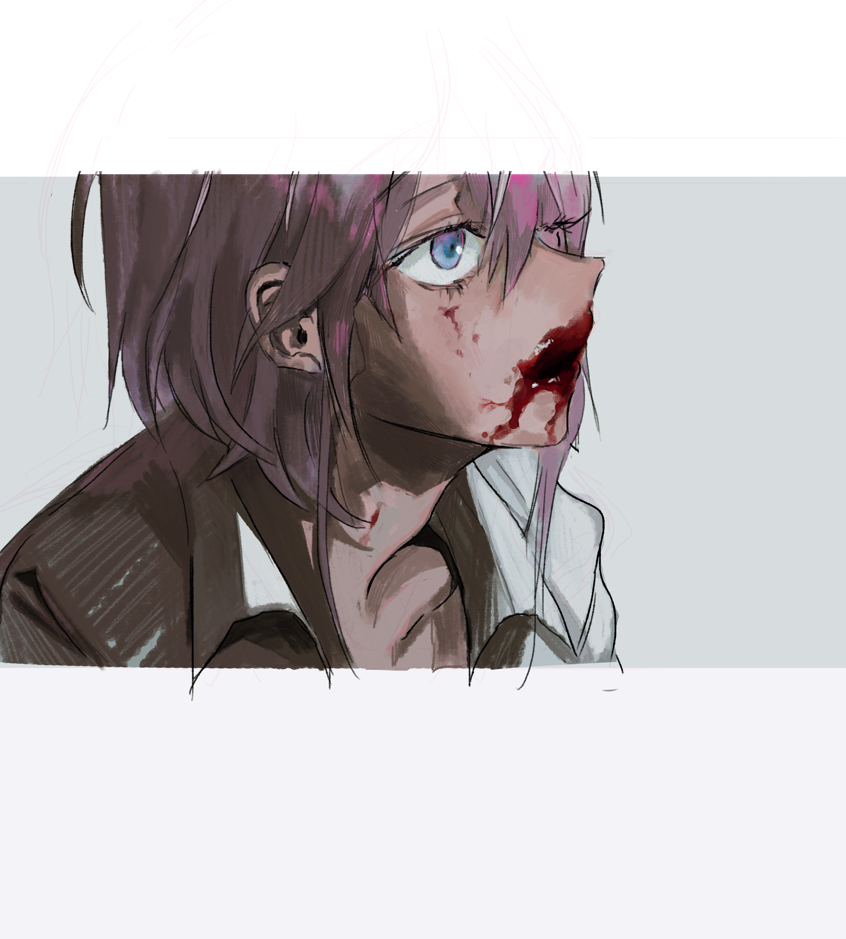 amemura ramuda, hypnosis mic, absurdres, commentary request, highres, 1boy, adam's apple, blood, blood from mouth, blood on face, blue eyes, collared shirt, eyelashes, hair between eyes, letterboxed, looking ahead, male focus, pink hair, shirt, short hair, tanpopo (uokobn), white shirt