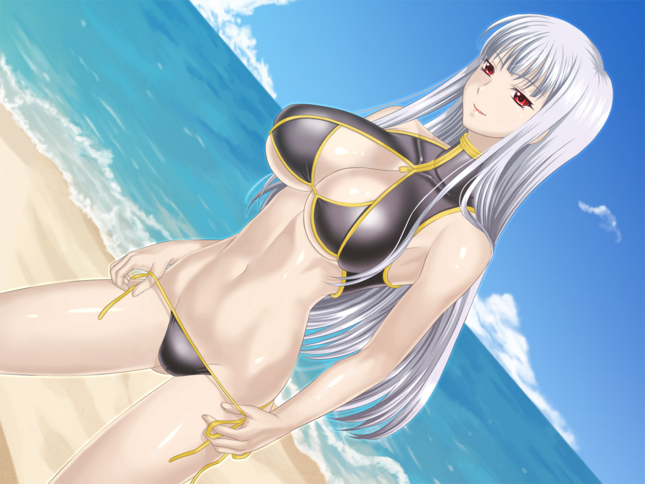 tonbidou, selvaria bles, senjou no valkyria, senjou no valkyria (series), senjou no valkyria 1, silver hair, 00s, 1girl, beach, bikini, bikini pull, black bikini, breasts, cleavage, cleavage cutout, clothes pull, clothing cutout, cloud, day, female focus, large breasts, legs, long hair, narrow waist, ocean, outdoors, pulling own clothes, red eyes, side-tie bikini bottom, skinny, sky, solo, swimsuit, thighs, underboob, water