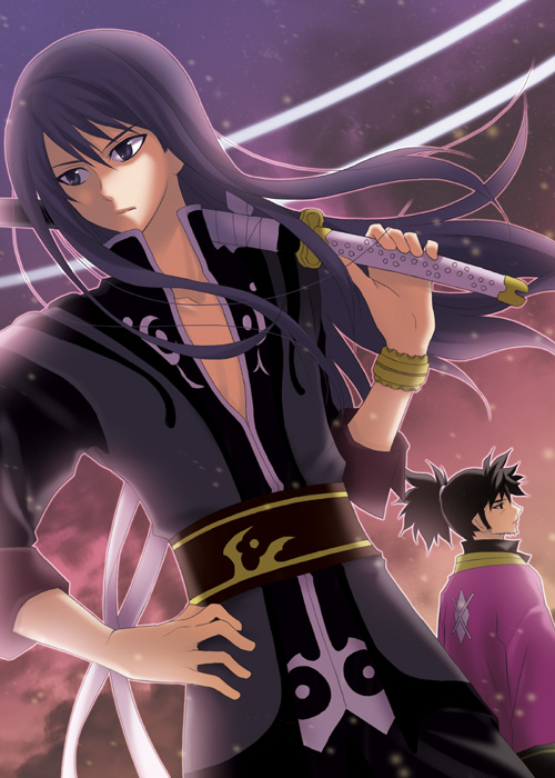nina (pastime), raven (tales), yuri lowell, tales of (series), tales of vesperia, bad id, bad pixiv id, 00s, 2boys, black eyes, black hair, bracelet, gradient background, jewelry, long hair, male focus, multiple boys, outdoors, over shoulder, ponytail, purple background, sheath, sheathed, sky, sword, weapon, weapon over shoulder