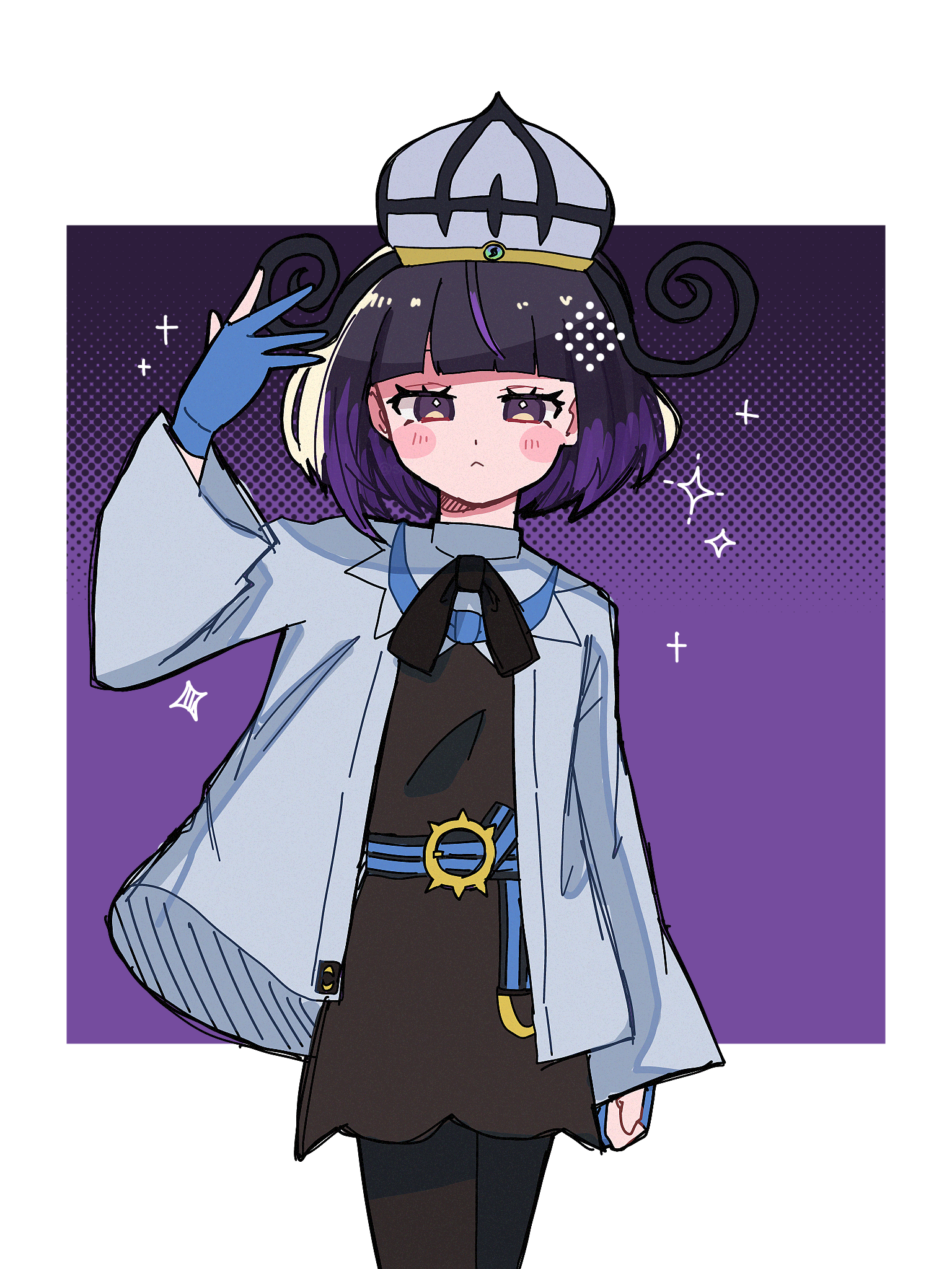 gwynn (pokemon), nintendo, pokemon, pokemon legends: z-a, commentary request, highres, 1girl, black dress, black hair, black pantyhose, black ribbon, blue gloves, blunt bangs, blush, blush stickers, closed mouth, cowboy shot, dress, eyelashes, gloves, hand up, hat, jacket, long sleeves, mega stone, multicolored hair, neck ribbon, open clothes, open jacket, pantyhose, partially fingerless gloves, purple eyes, purple hair, ribbon, short hair, solo, sparkle, two-tone hair, user rhna3757, white jacket