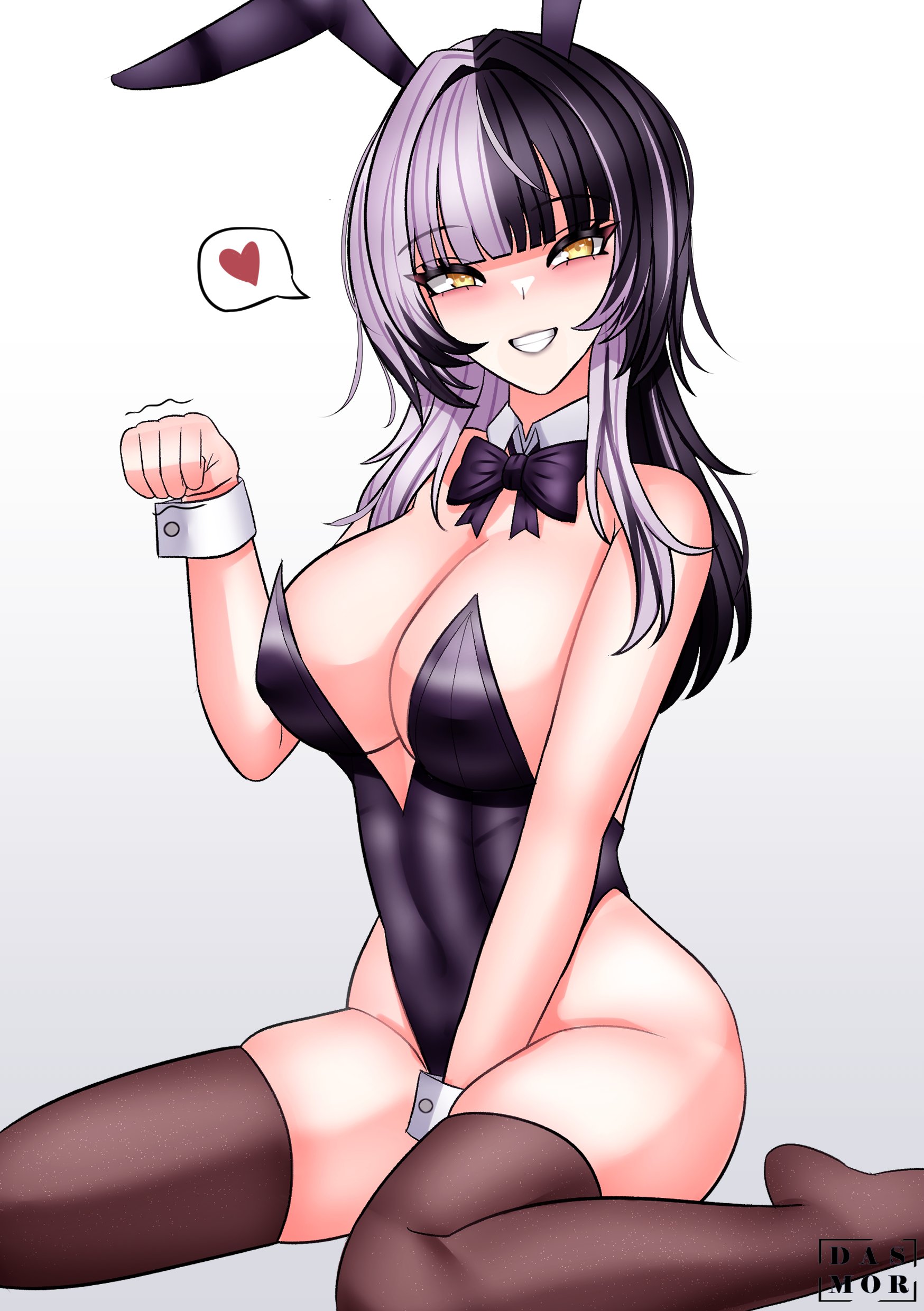 dasmortred, shiori novella, hololive, hololive english, absurdres, commentary, english commentary, highres, 1girl, animal ears, bare shoulders, black hair, blunt bangs, breasts, detached collar, grey hair, grin, hair intakes, heart, large breasts, looking at viewer, multicolored hair, paw pose, playboy bunny, rabbit ears, sitting, smile, solo, split-color hair, spoken heart, thighhighs, virtual youtuber, wariza, wrist cuffs, yellow eyes