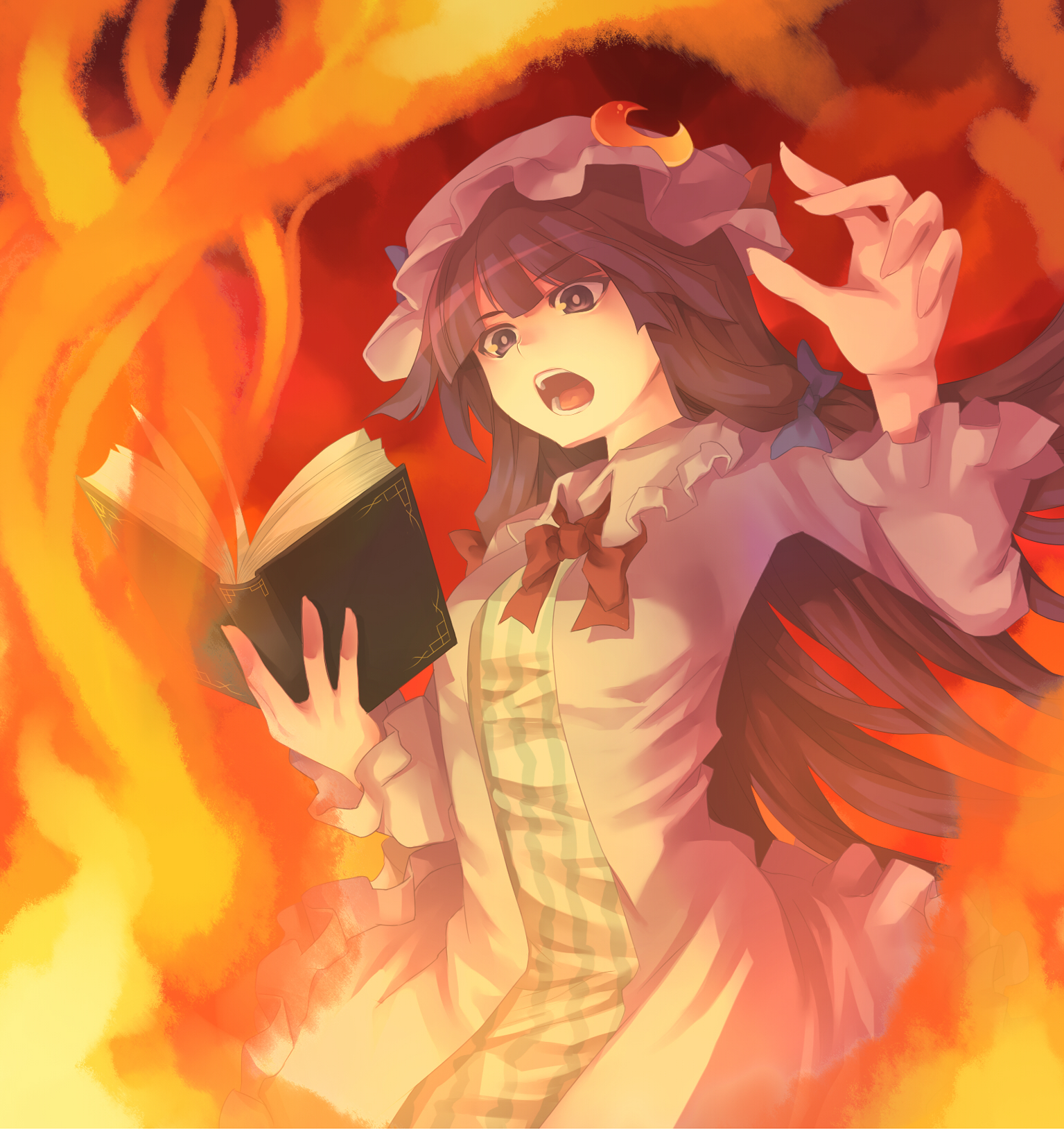 hitoto, patchouli knowledge, touhou, bad id, bad pixiv id, highres, 1girl, book, female focus, fire, hand up, hat, long hair, open book, open mouth, purple eyes, purple hair, ribbon, solo