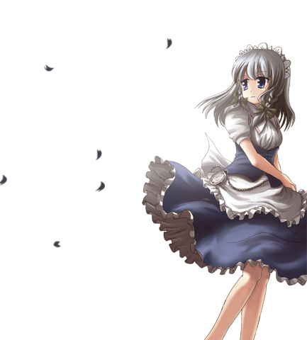 risutaru, izayoi sakuya, touhou, silver hair, lowres, 1girl, blue eyes, braid, female focus, hairband, maid, short hair, solo, twin braids, white background