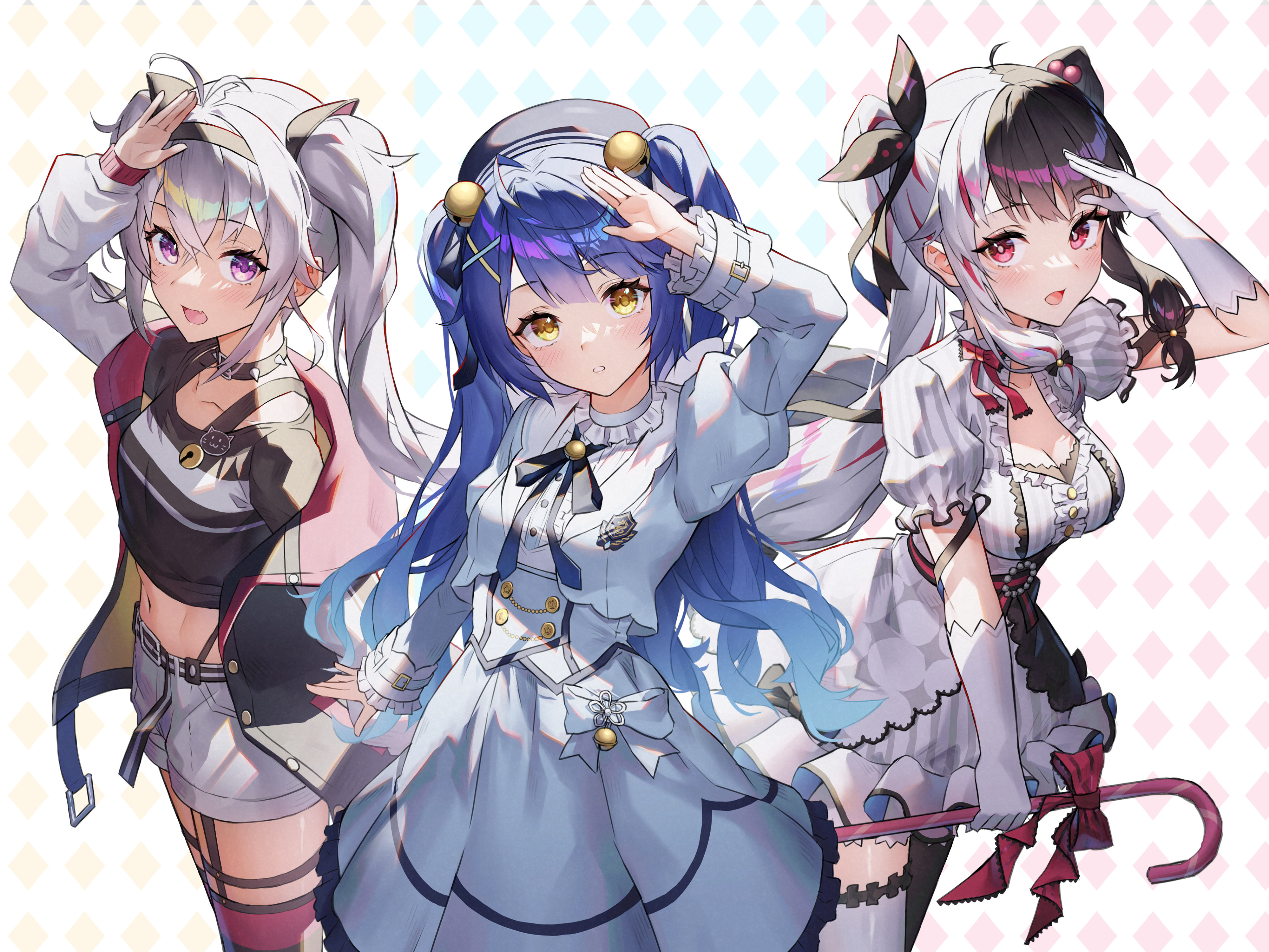 myske (myst34415756), amamiya kokoro, amamiya kokoro (1st costume), matsukai mao, matsukai mao (1st costume), yorumi rena, yorumi rena (3rd costume), nijisanji, absurdres, commentary request, highres, 3girls, arm up, black hair, black shirt, blue hair, cane, cropped jacket, dark-skinned female, dark skin, dress, gloves, grey hair, hair ornament, holding, holding cane, jacket, looking at viewer, multicolored hair, multiple girls, official alternate costume, red eyes, red streaks, shirt, shorts, split-color hair, streaked hair, virtual youtuber, white background, white dress, white gloves, white hair, white jacket, white shorts, x hair ornament, yellow eyes