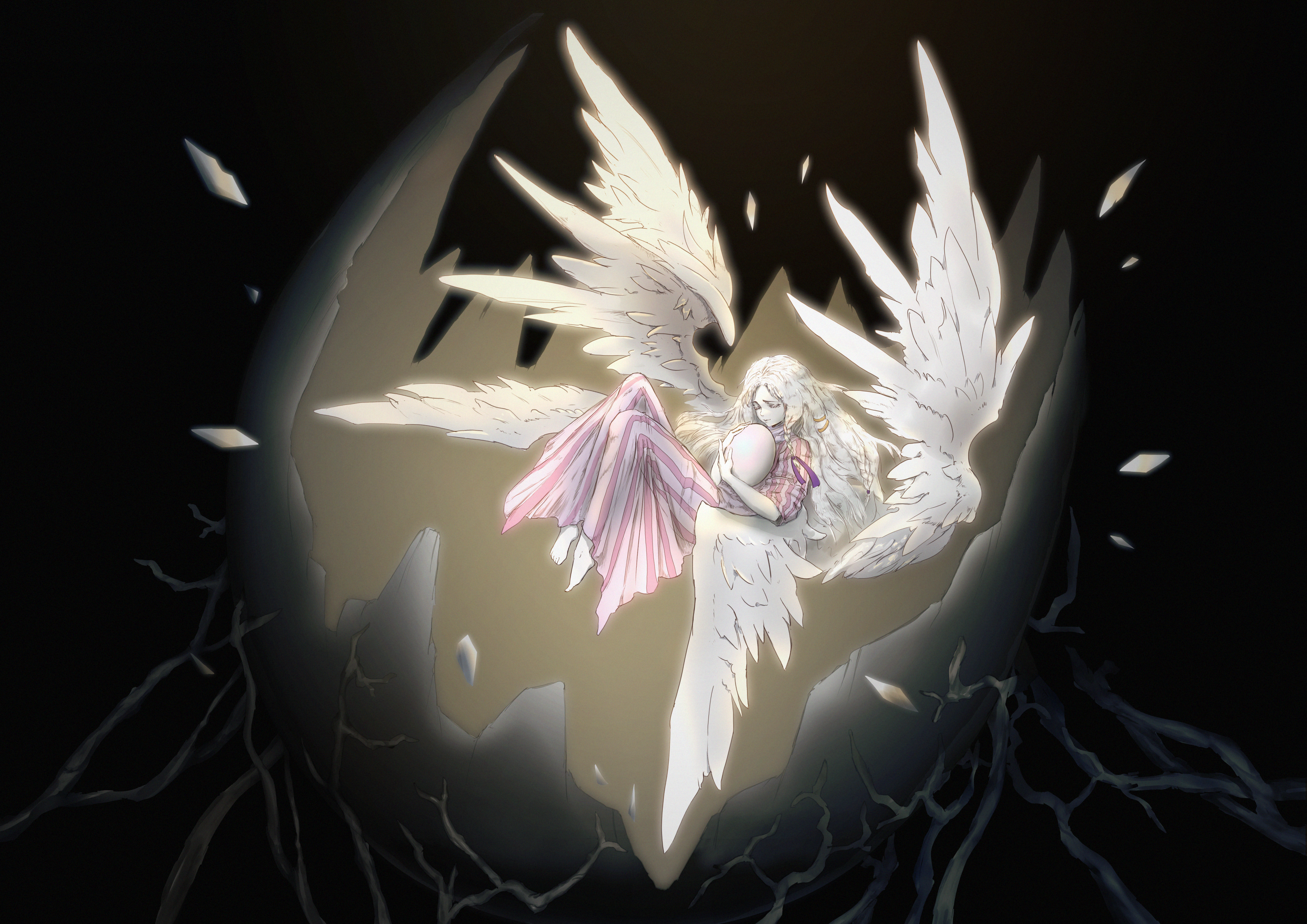 lachryma averis, girl (tenshi no tamago), tenshi no tamago (anime), absurdres, commentary, highres, 1girl, angel, angel wings, barefoot, black background, braid, dress, egg, feathered wings, floating, full body, hatching, holding, holding egg, long hair, multiple wings, pale skin, solo, striped clothes, striped dress, very long hair, white hair, white wings, wings