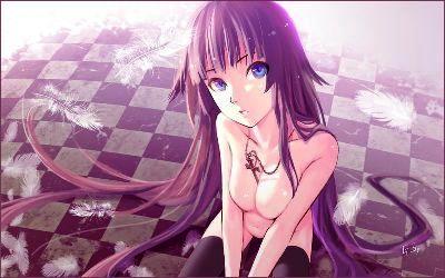 as109, senjougahara hitagi, bakemonogatari, monogatari (series), lowres, between breasts, blue eyes, breasts, cross, feathers, jewelry, long hair, necklace, nude, purple hair, solo, thighhighs