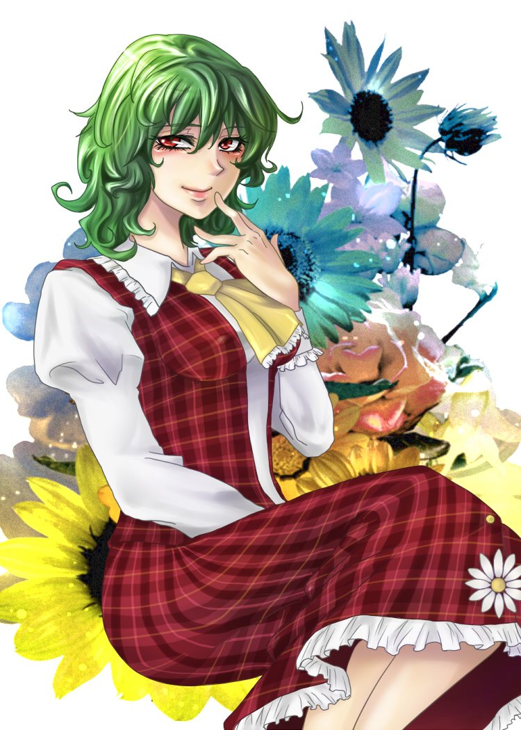 isshi (poppo), kazami yuuka, touhou, 1girl, ascot, female focus, finger to mouth, floral background, flower, green hair, lips, plaid clothes, plaid skirt, plaid vest, red eyes, short hair, sitting, skirt, skirt set, smile, solo, sunflower, vest