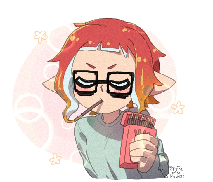 ariamikukanzaki, nintendo, splatoon (manga), splatoon (series), splatoon 3, commentary, 1girl, 8-bit (splatoon), breasts, closed eyes, food, food in mouth, glasses, gradient hair, green sweater, holding, holding food, holding pocky, inkling, multicolored hair, orange hair, pocky, pocky day, pocky in mouth, pointy ears, red hair, short eyebrows, small breasts, solo, sweater, tentacle hair, twitter username, twitter x logo, upper body, v-shaped eyebrows