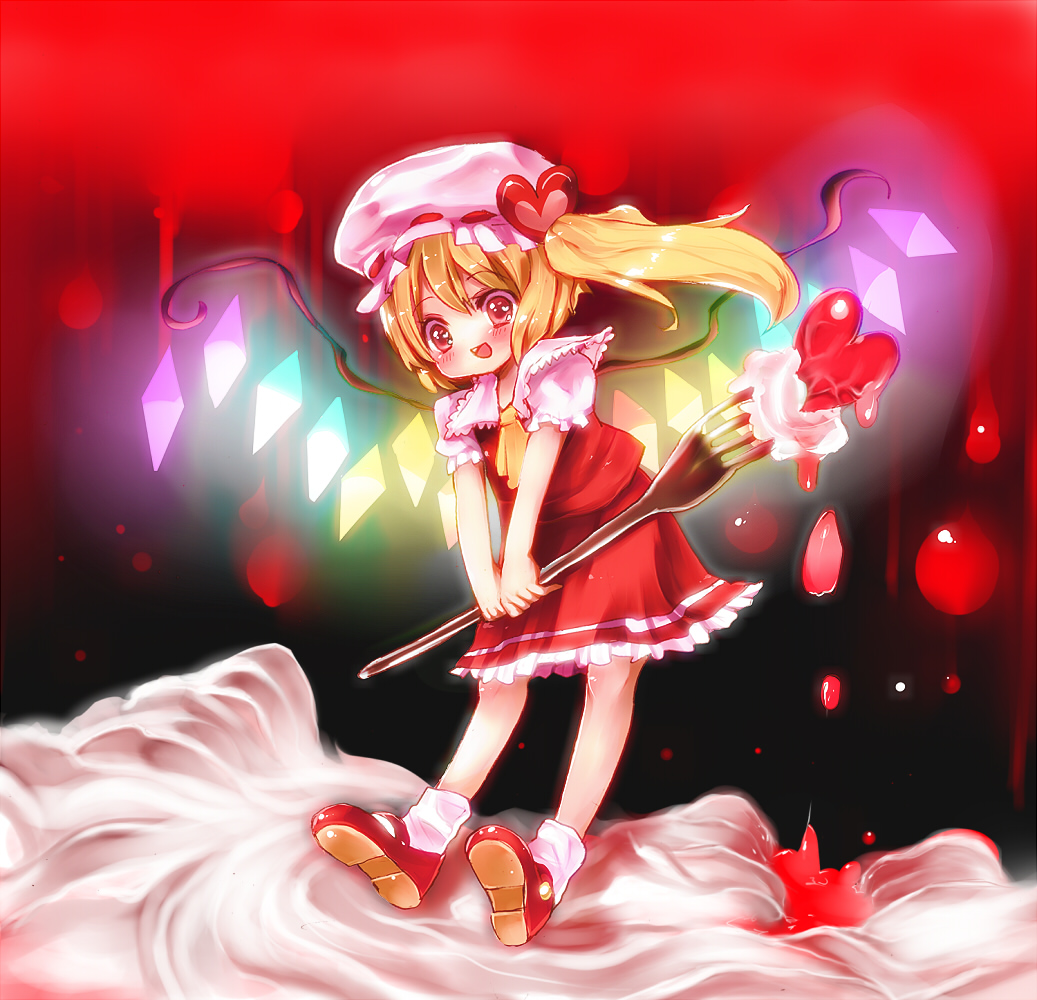 mushirou, flandre scarlet, touhou, 1girl, blonde hair, cake, female focus, food, fork, hat, in food, mini person, minigirl, one side up, pastry, ponytail, red eyes, short hair, side ponytail, solo, wings